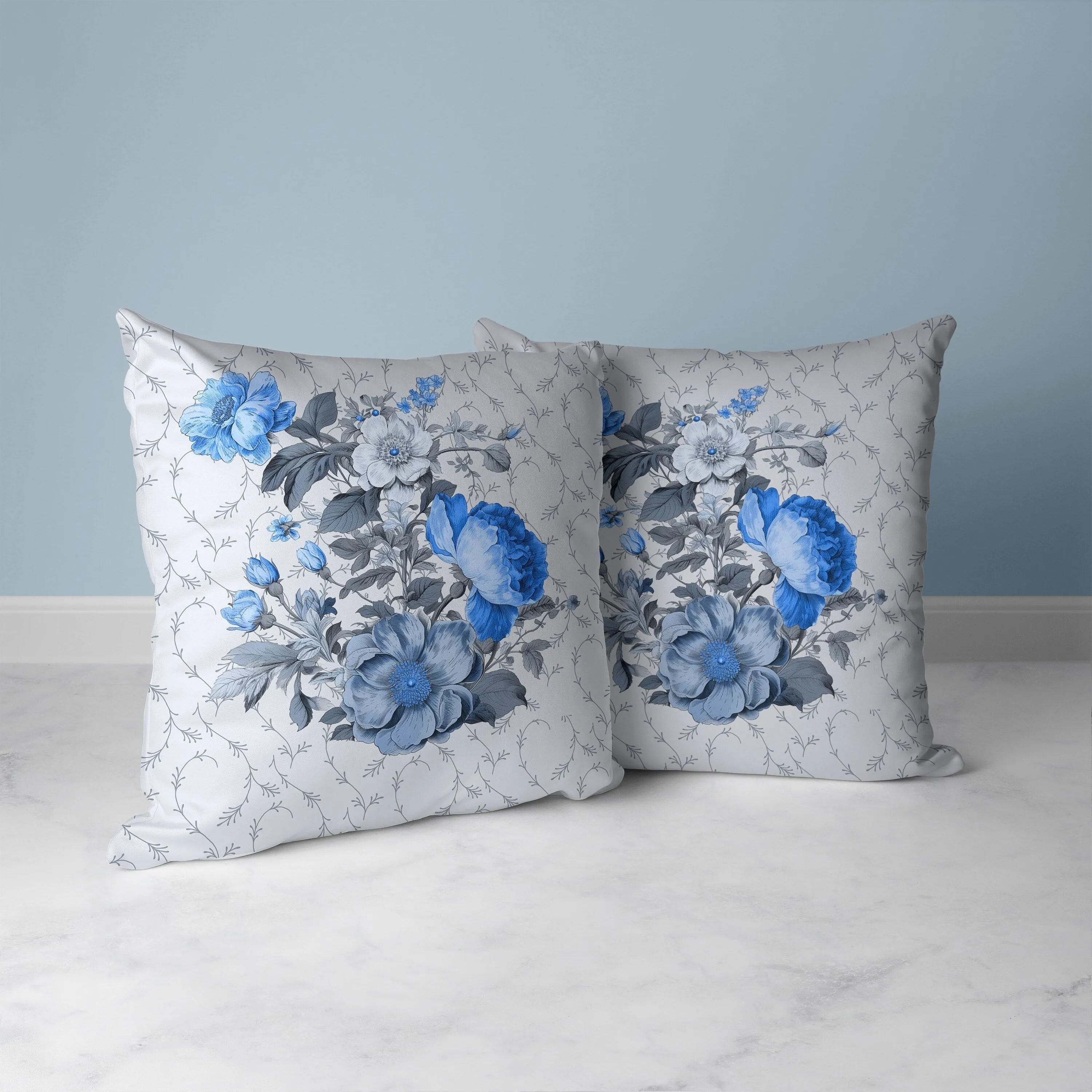 Flower and Knop Faux Suede Reversible Throw Pillow Grey and Blue