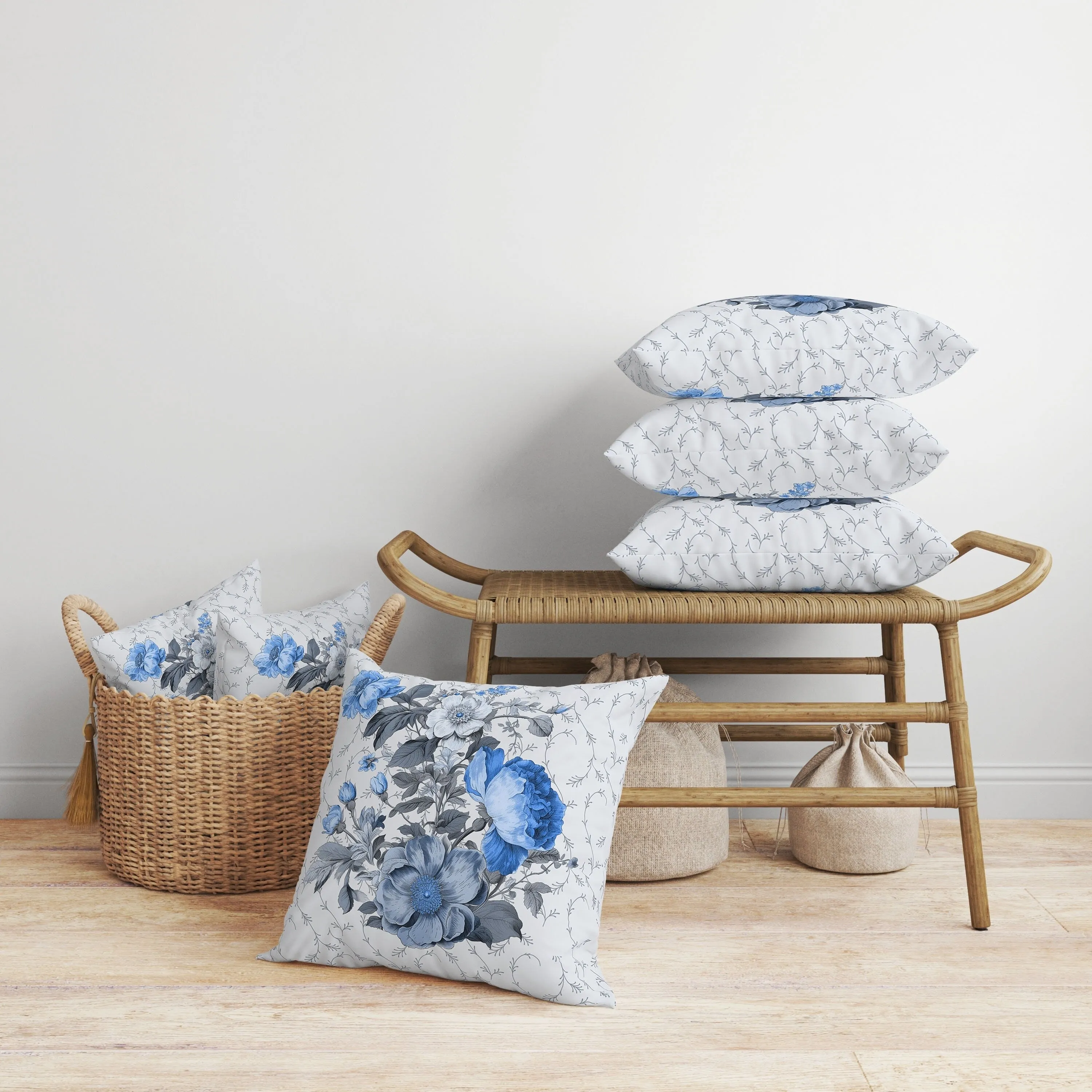 Flower and Knop Faux Suede Reversible Throw Pillow Grey and Blue