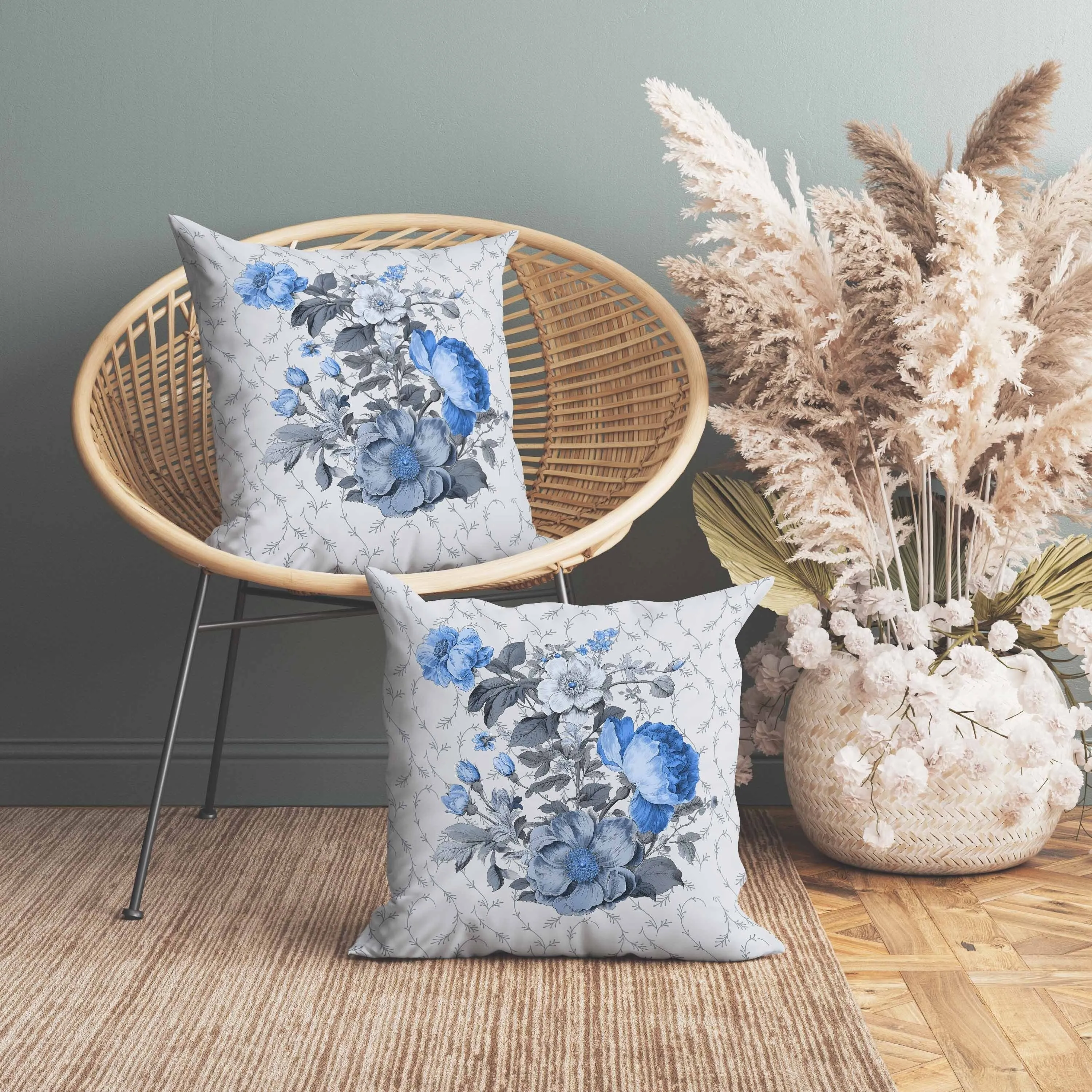 Flower and Knop Faux Suede Reversible Throw Pillow Grey and Blue