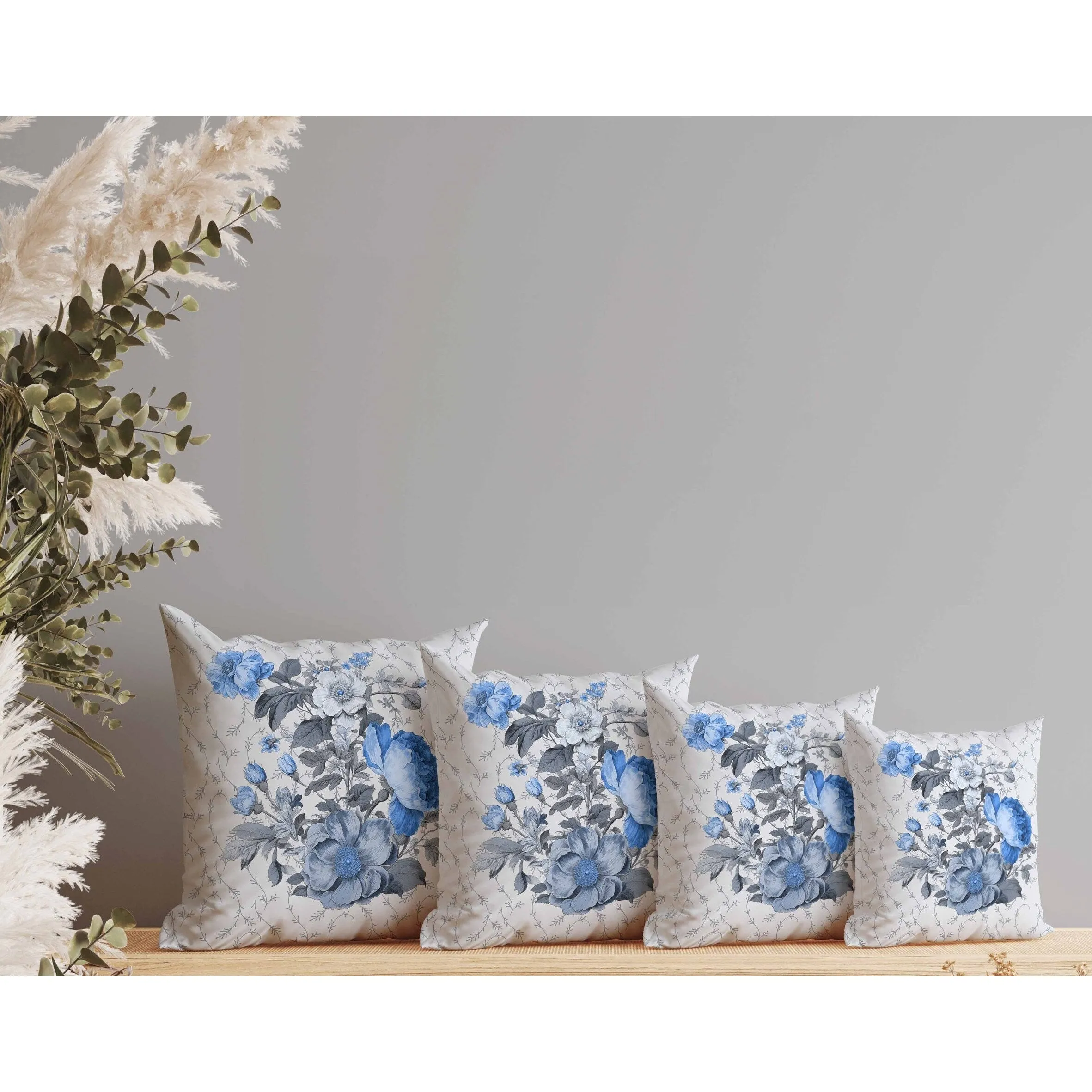 Flower and Knop Faux Suede Reversible Throw Pillow Grey and Blue