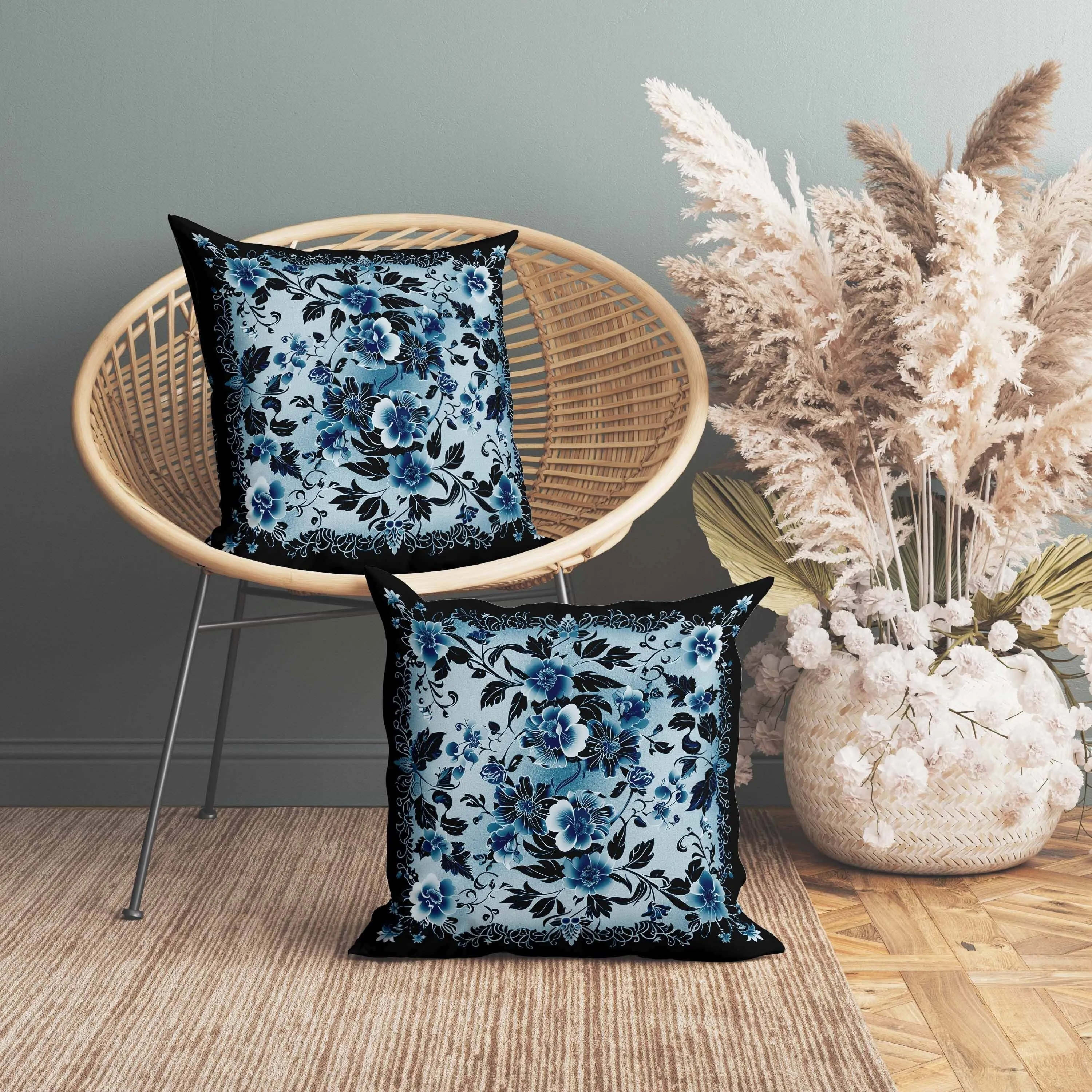 Flower Hub Faux Suede Reversible Throw Pillow Black and Blue