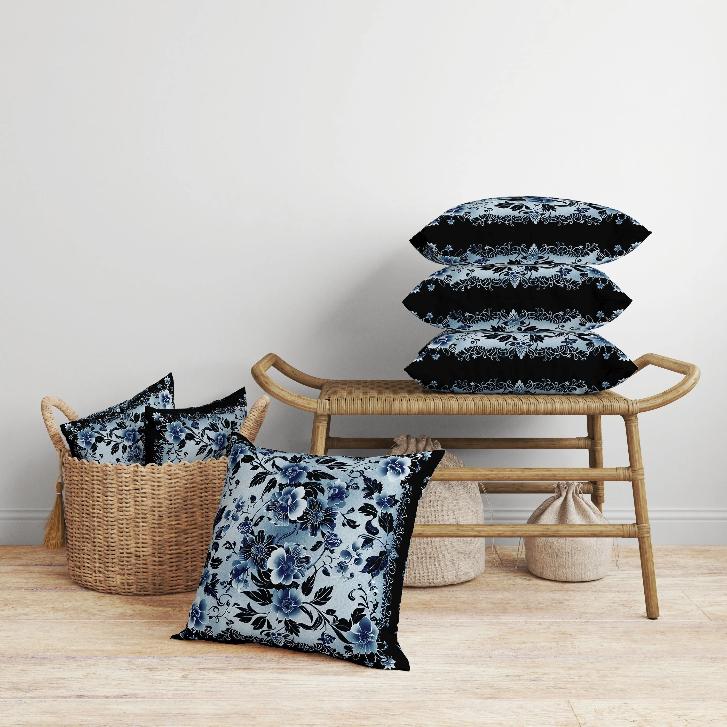 Flower Hub Faux Suede Reversible Throw Pillow Black and Blue