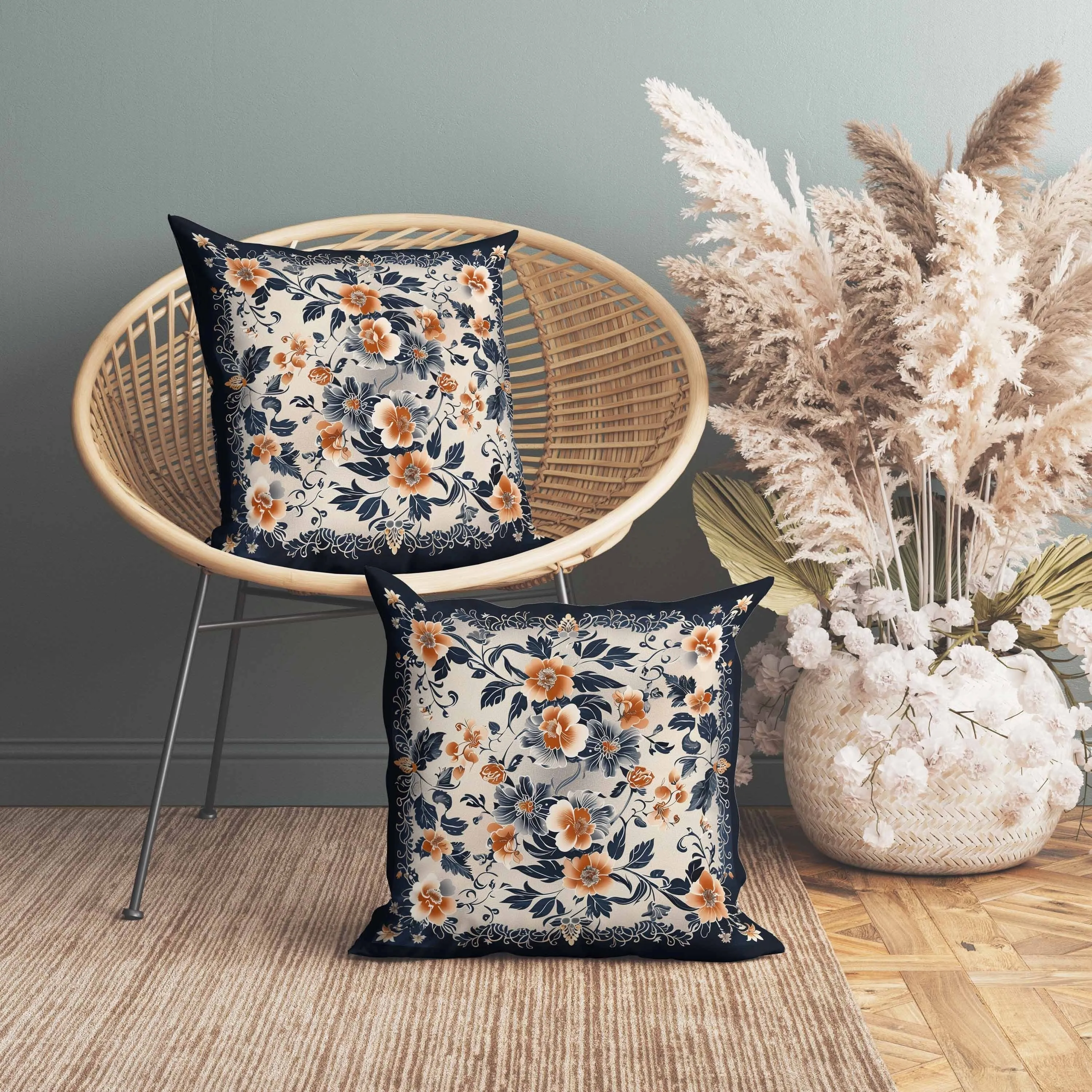 Flower Hub Faux Suede Reversible Throw Pillow Orange and Indigo