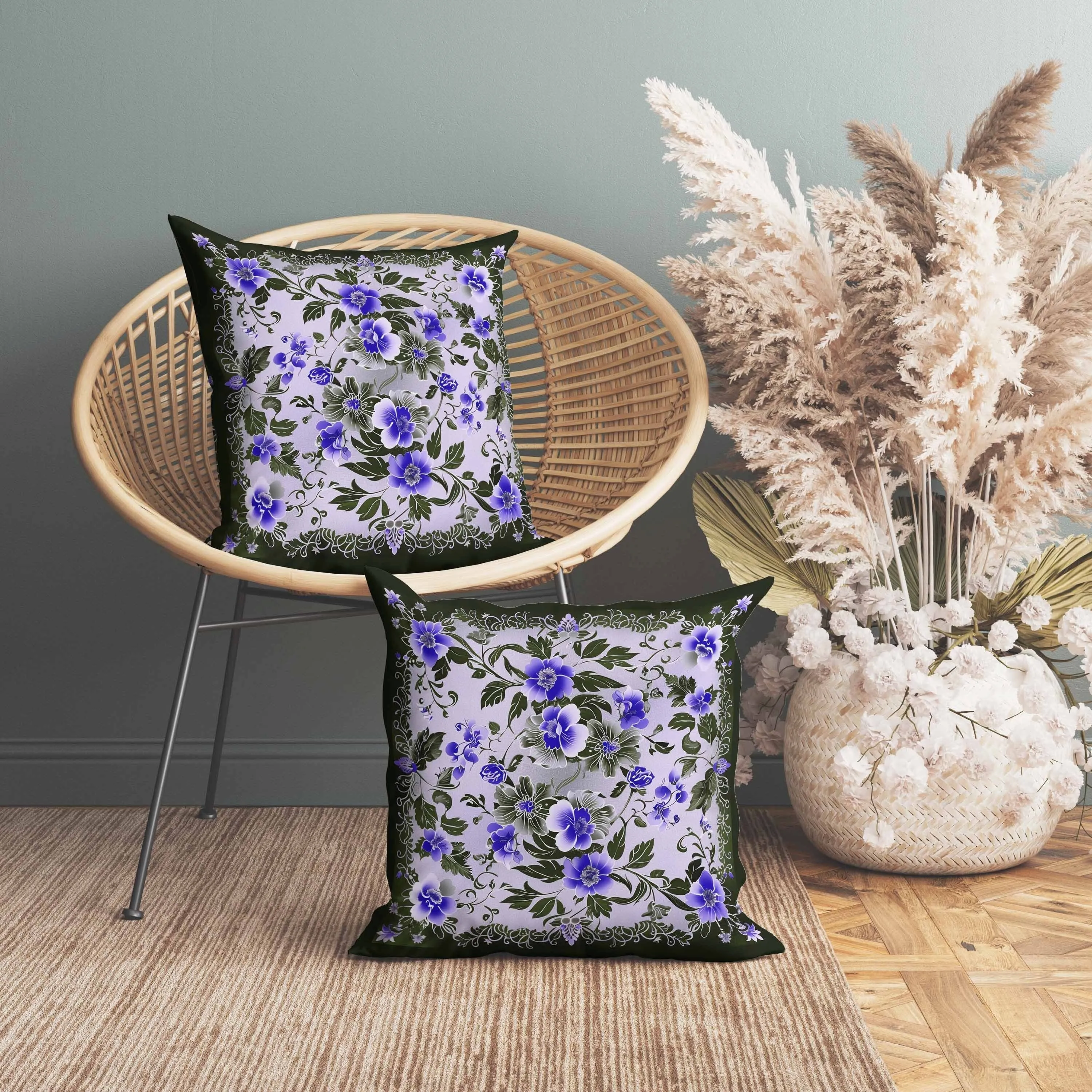 Flower Hub Indoor/Outdoor Reversible Throw Pillow Blue and Olive
