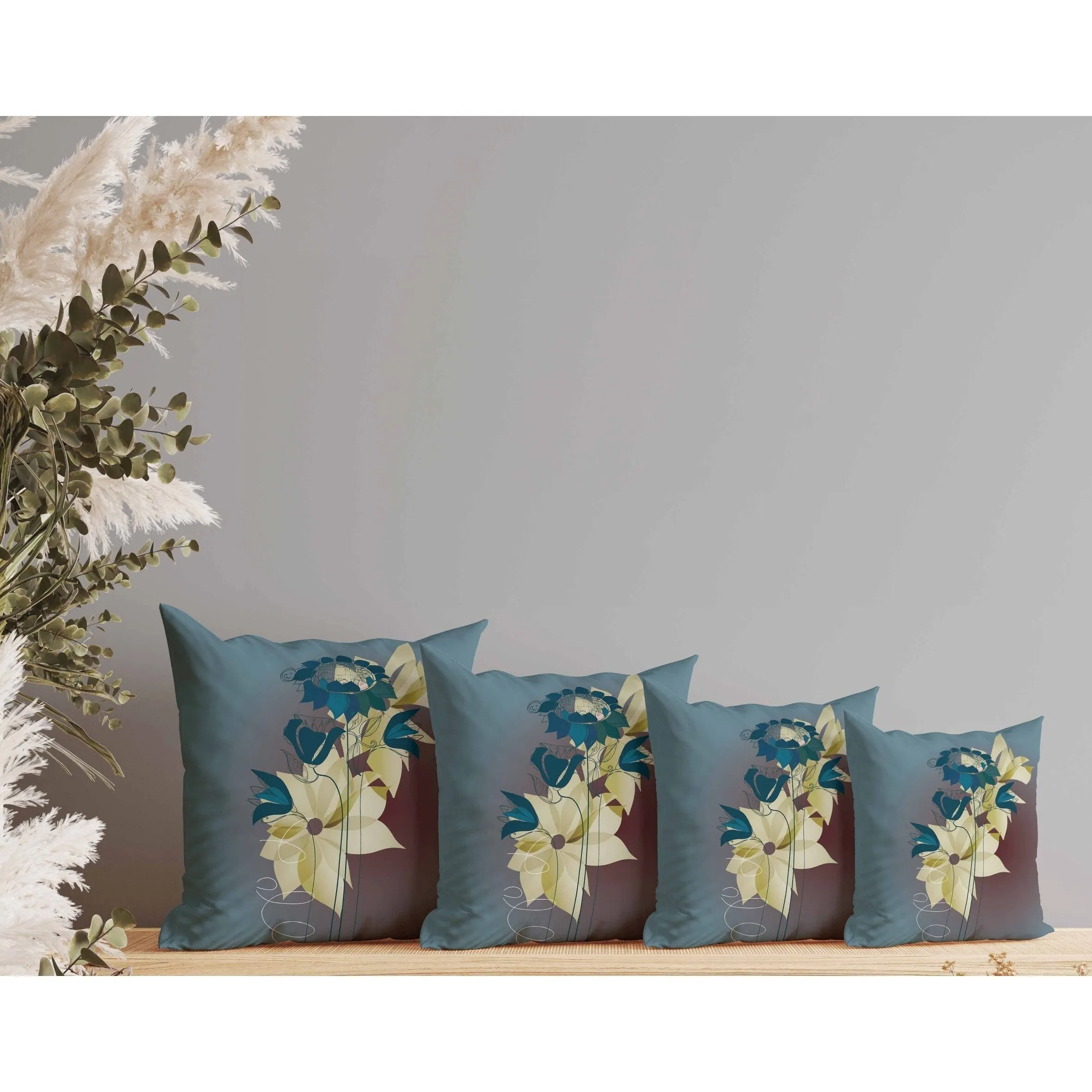 Flowers Line Art Faux Suede Reversible Throw Pillow Blue and Brown