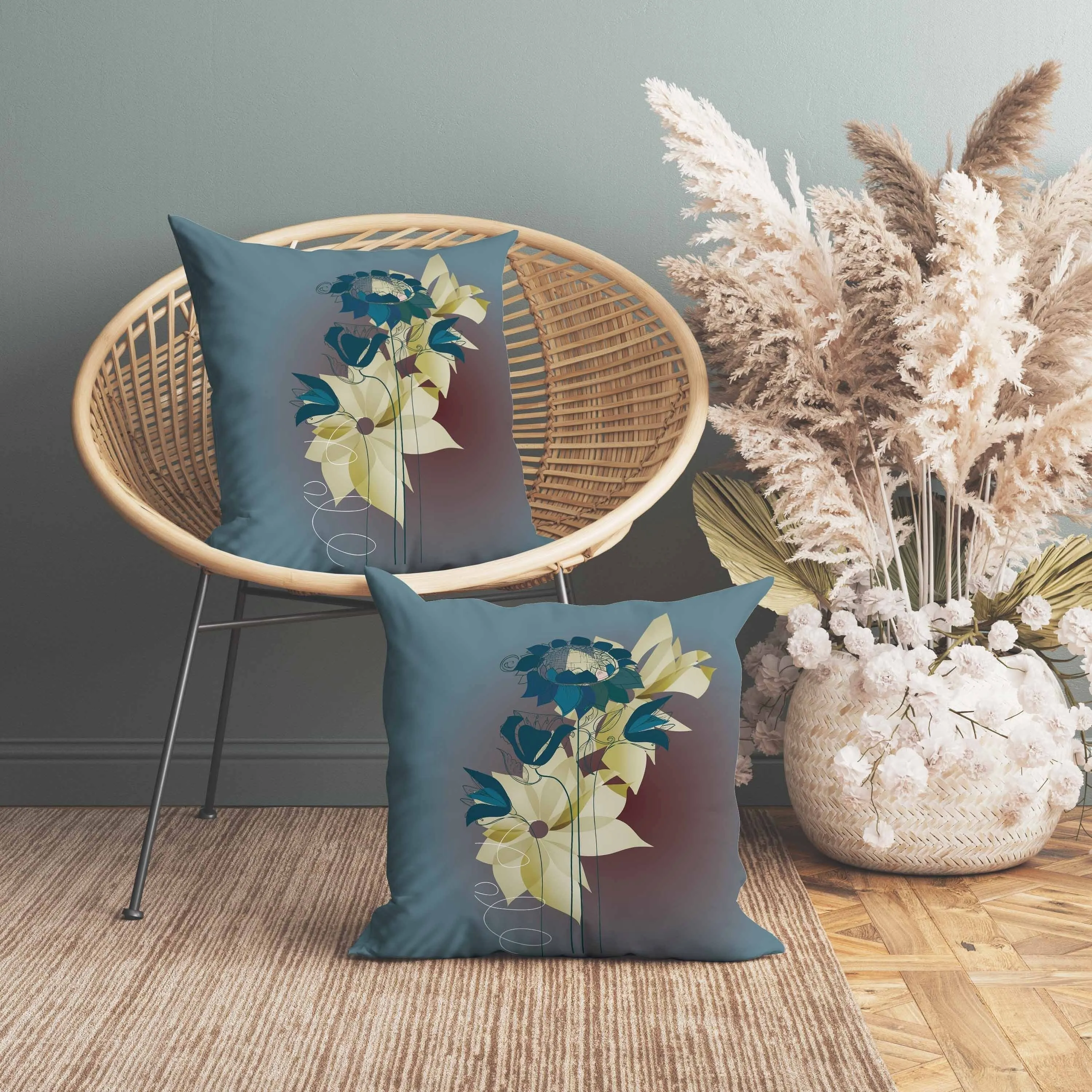 Flowers Line Art Faux Suede Reversible Throw Pillow Blue and Brown