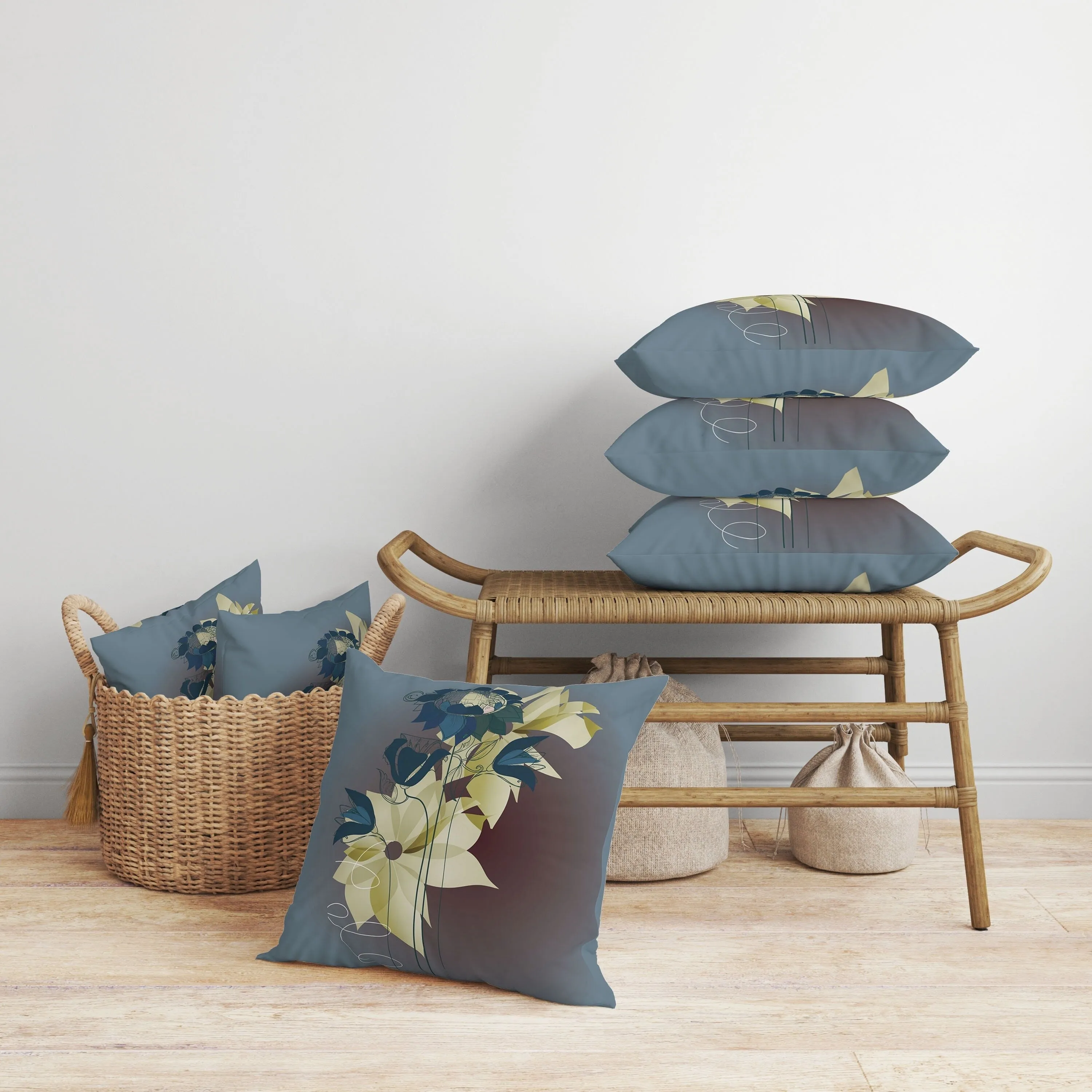 Flowers Line Art Faux Suede Reversible Throw Pillow Blue and Brown