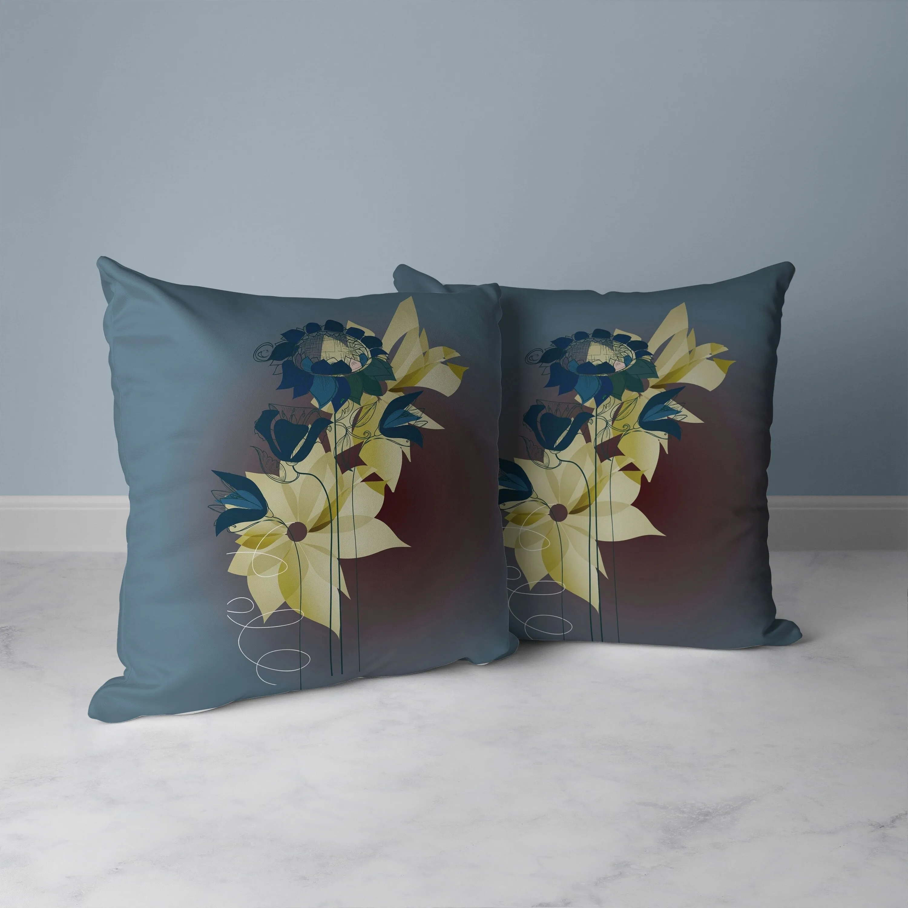 Flowers Line Art Faux Suede Reversible Throw Pillow Blue and Brown