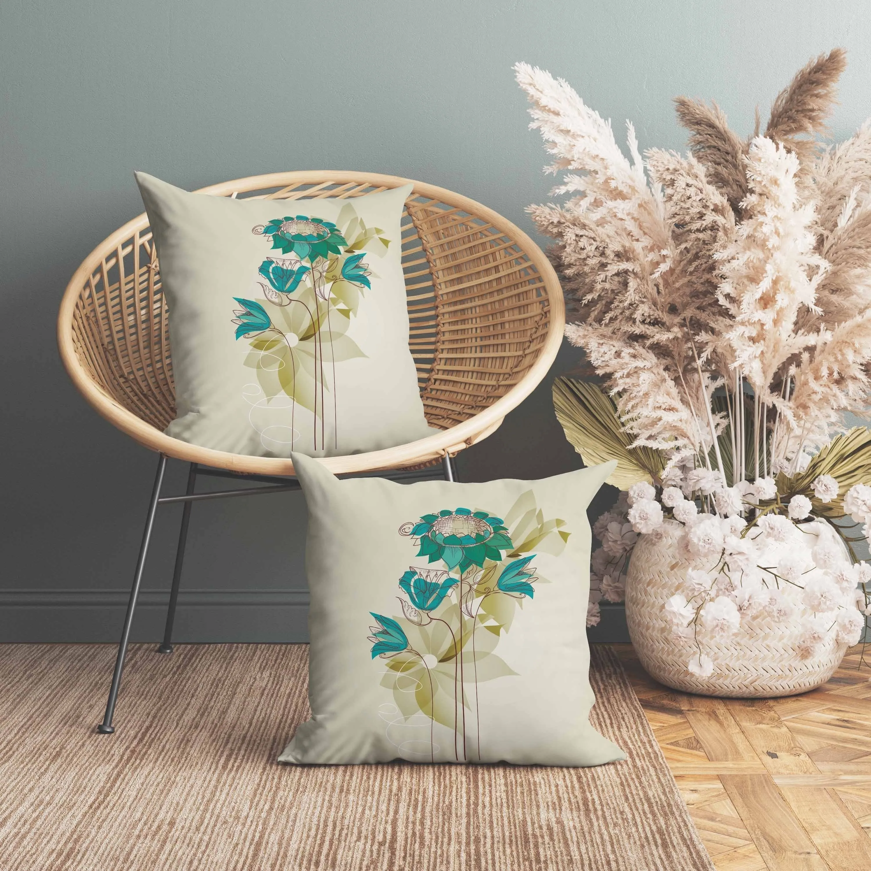 Flowers Line Art Faux Suede Reversible Throw Pillow Green and Blue