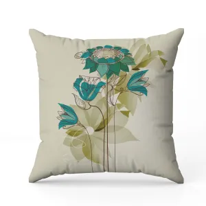 Flowers Line Art Faux Suede Reversible Throw Pillow Green and Blue
