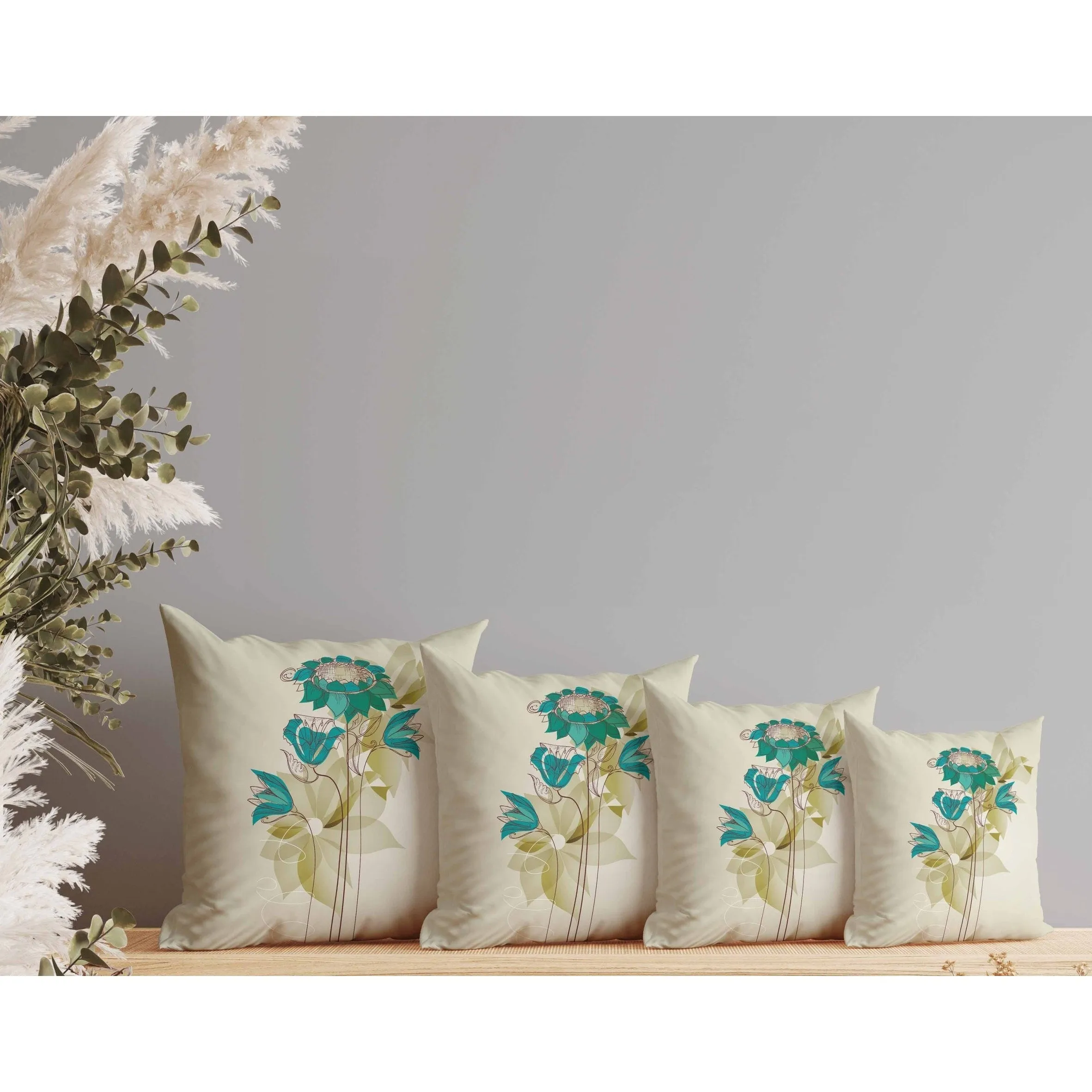 Flowers Line Art Faux Suede Reversible Throw Pillow Green and Blue