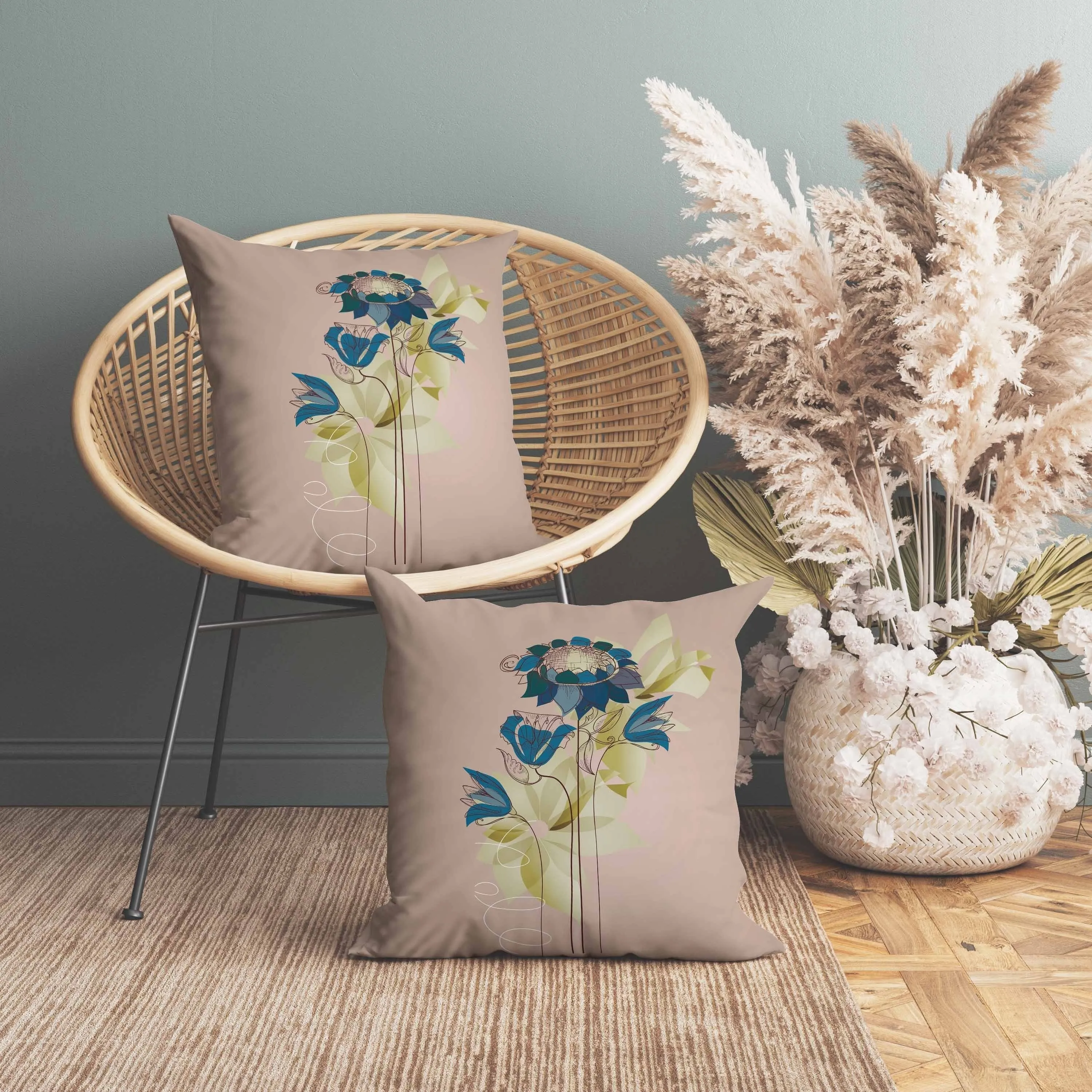 Flowers Line Art Faux Suede Reversible Throw Pillow Pink and Blue