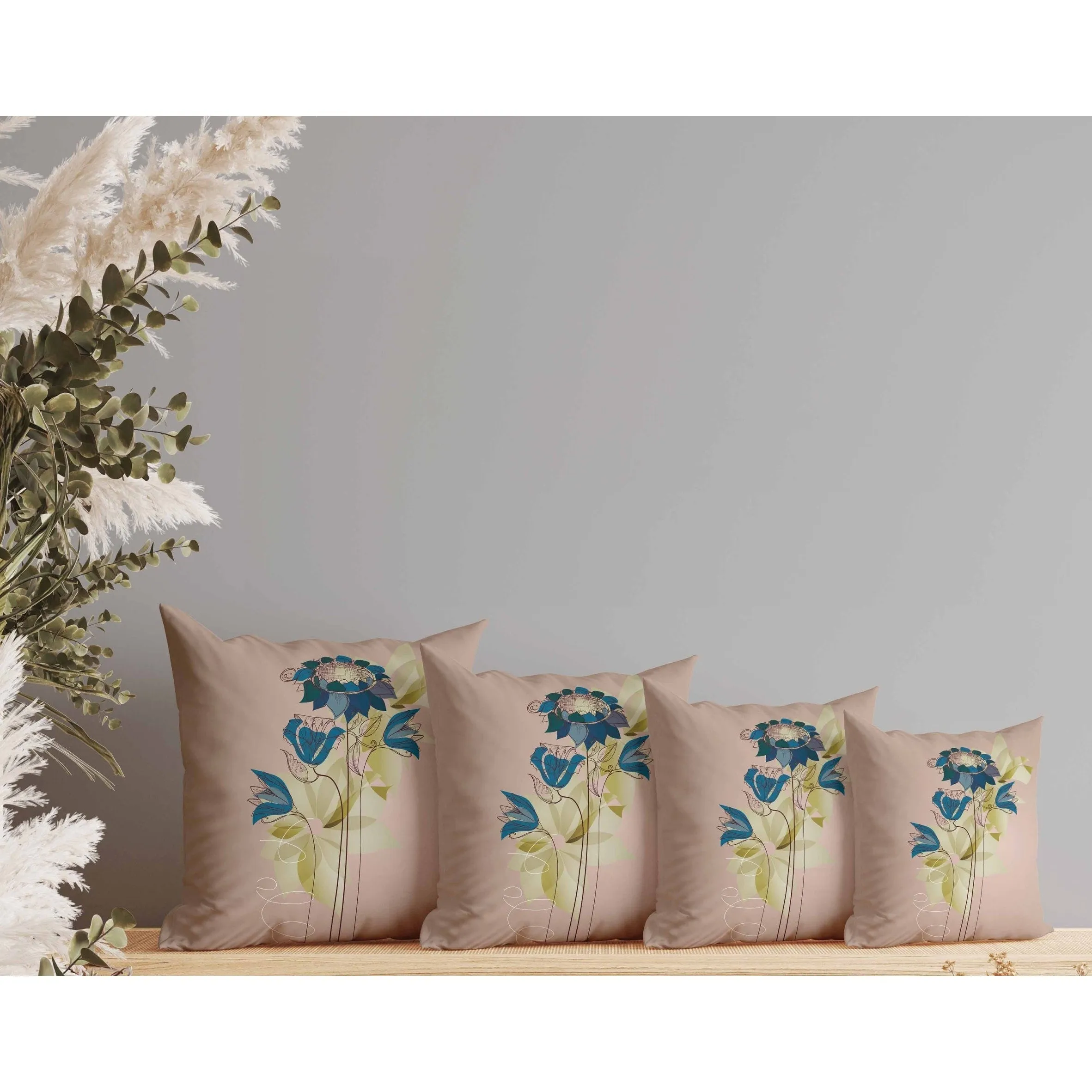 Flowers Line Art Faux Suede Reversible Throw Pillow Pink and Blue