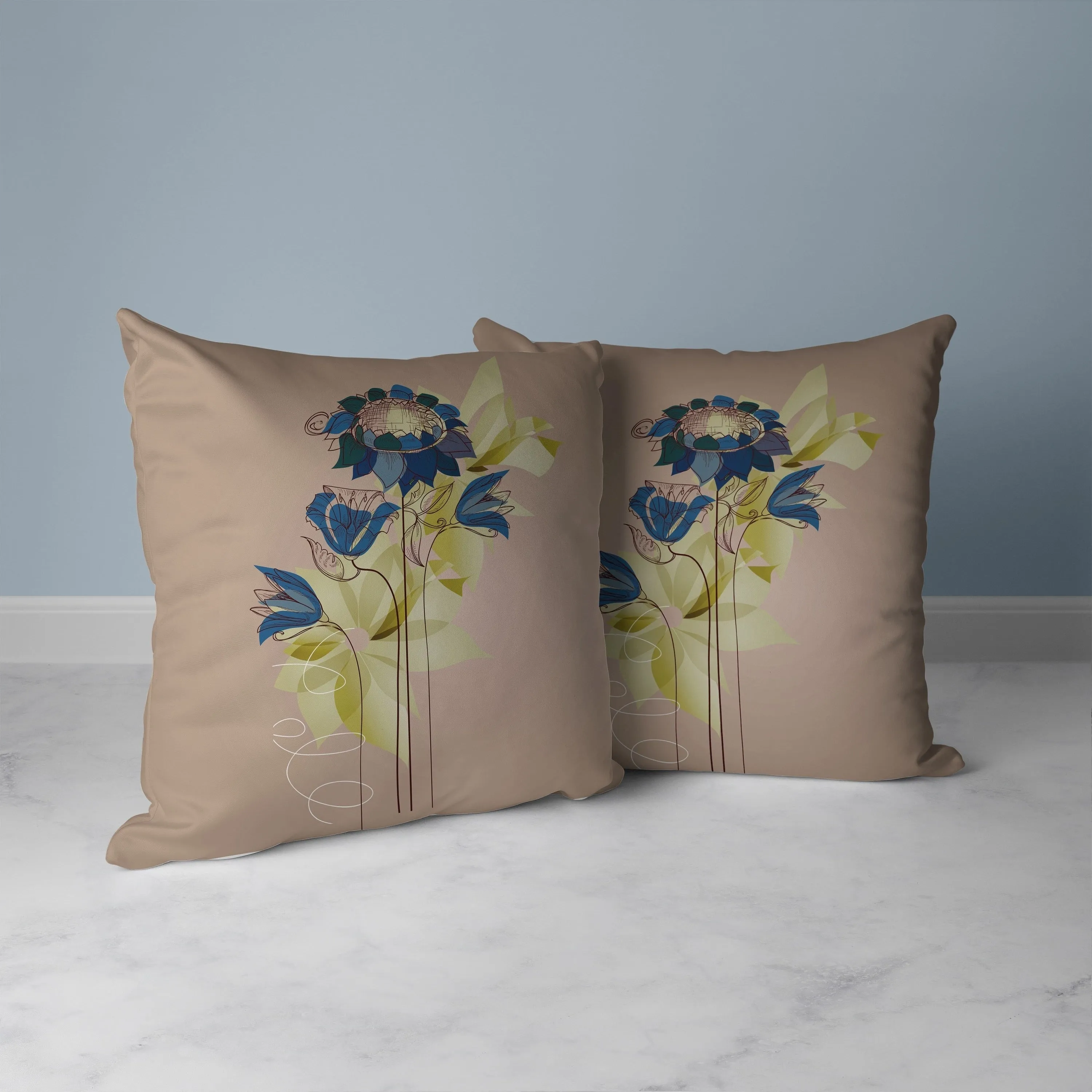 Flowers Line Art Faux Suede Reversible Throw Pillow Pink and Blue