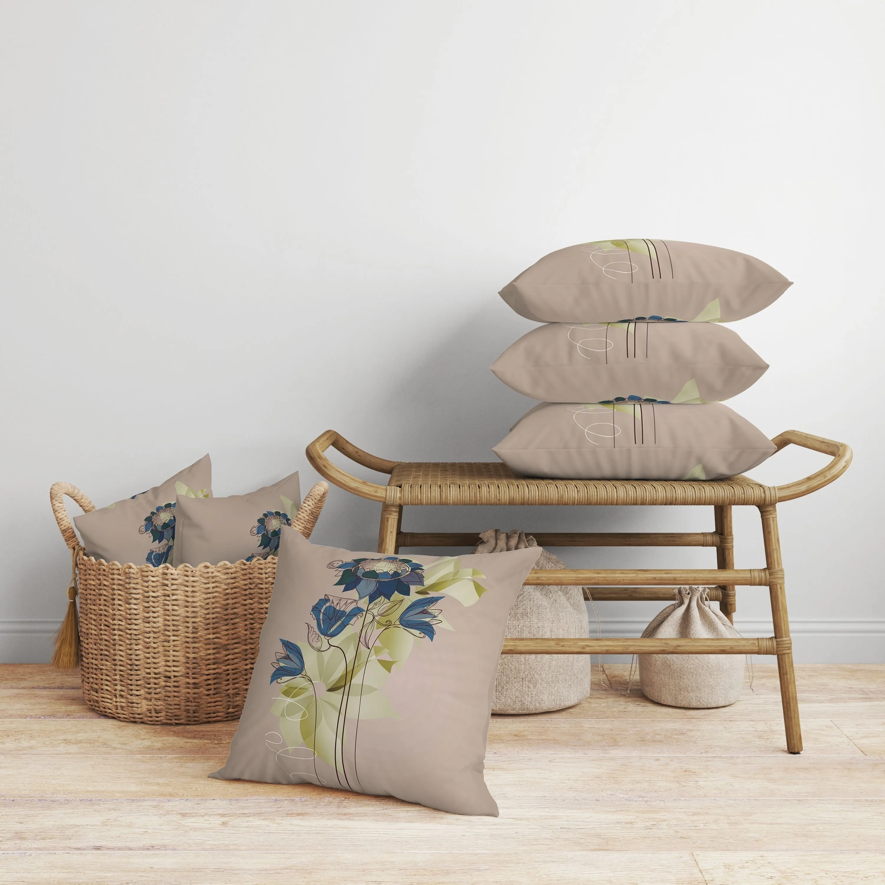 Flowers Line Art Faux Suede Reversible Throw Pillow Pink and Blue