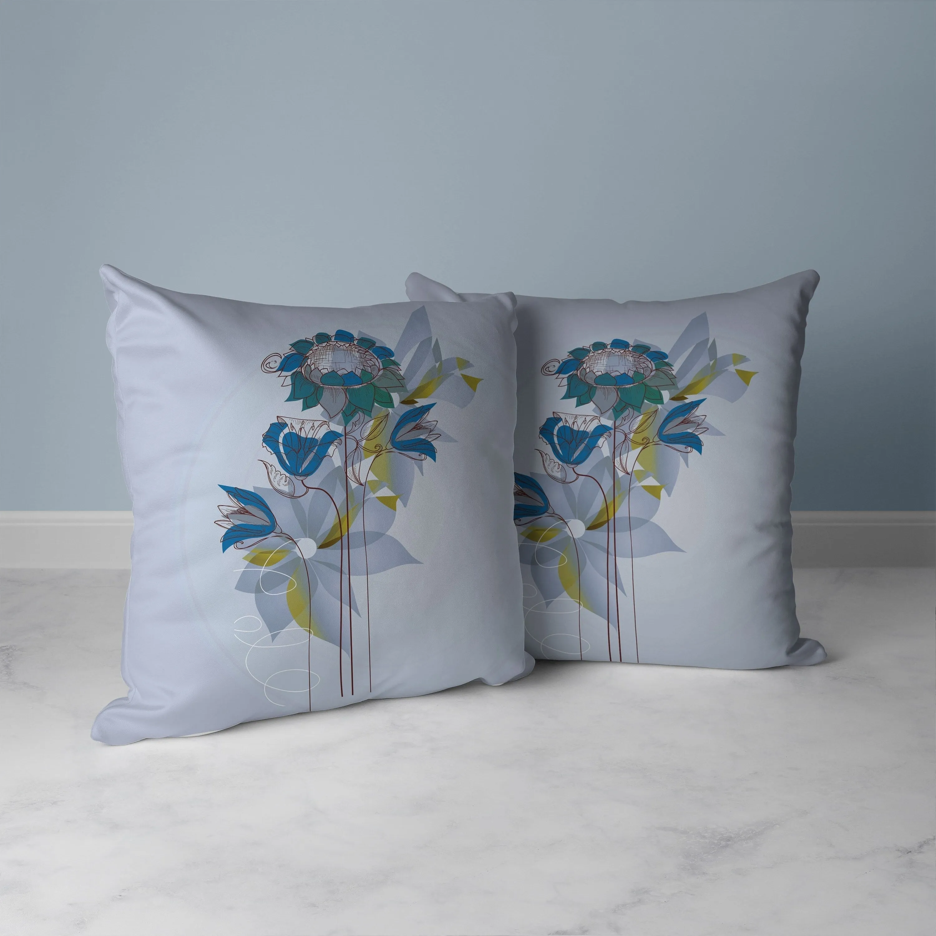 Flowers Line Art Faux Suede Reversible Throw Pillow Sky and Blue