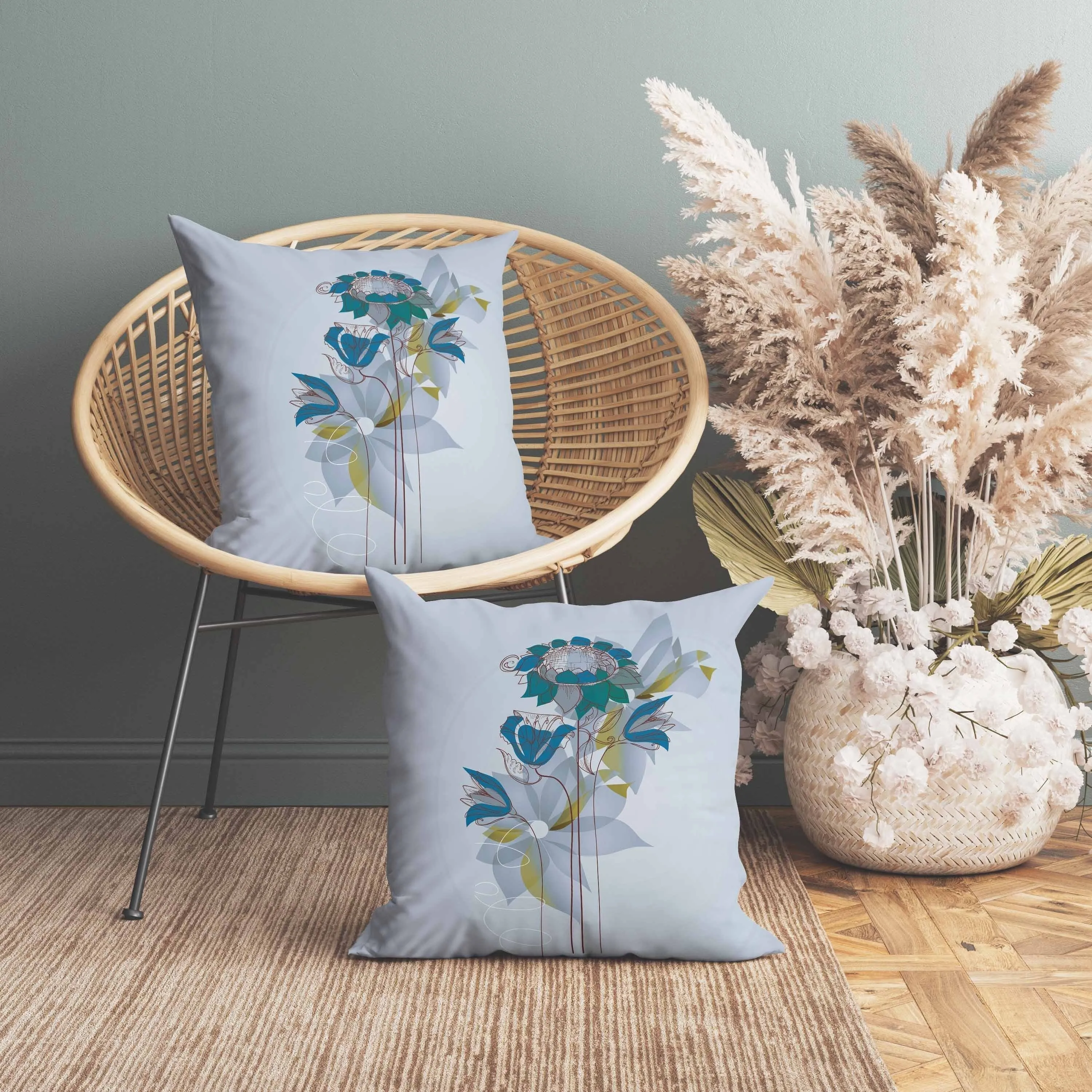 Flowers Line Art Faux Suede Reversible Throw Pillow Sky and Blue