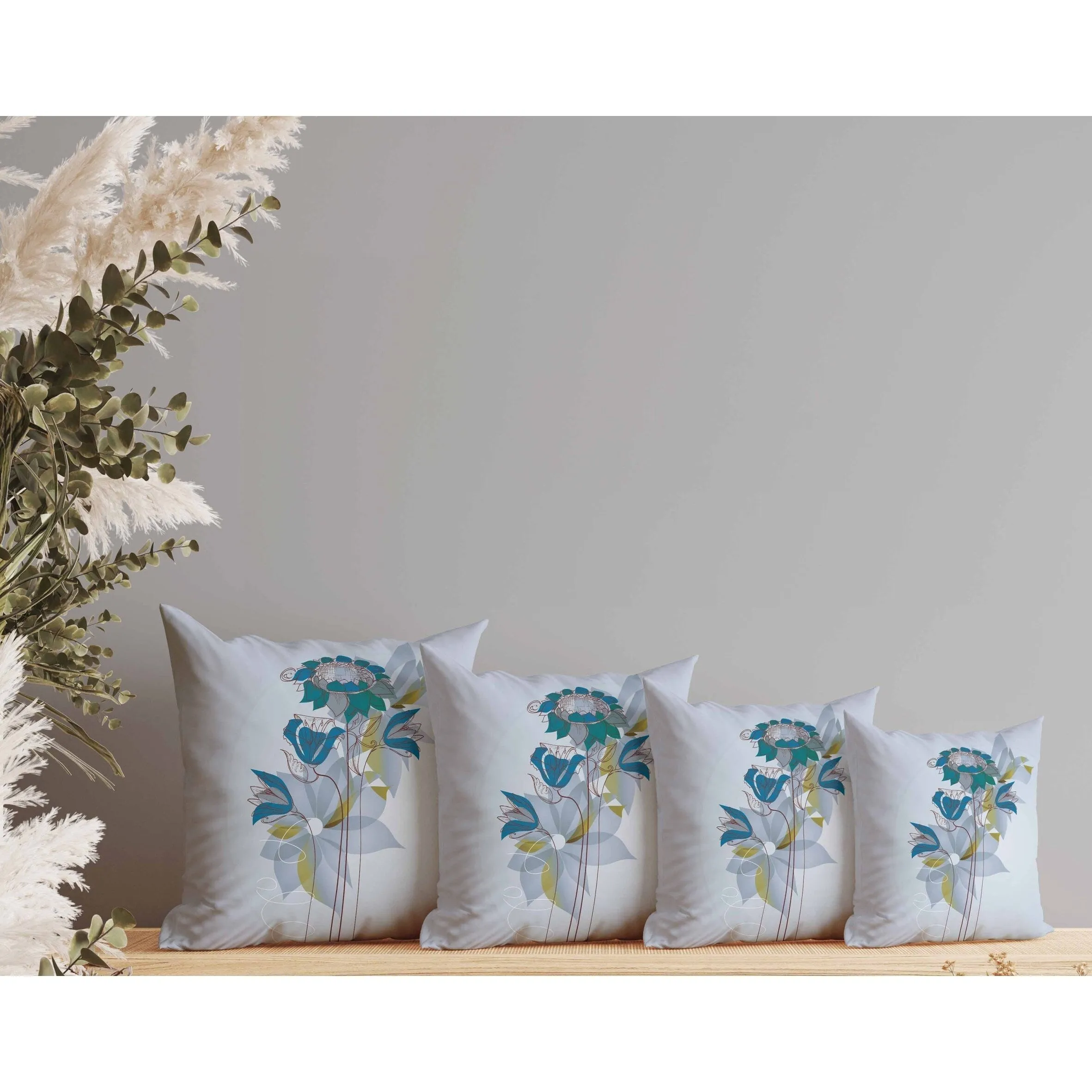 Flowers Line Art Faux Suede Reversible Throw Pillow Sky and Blue
