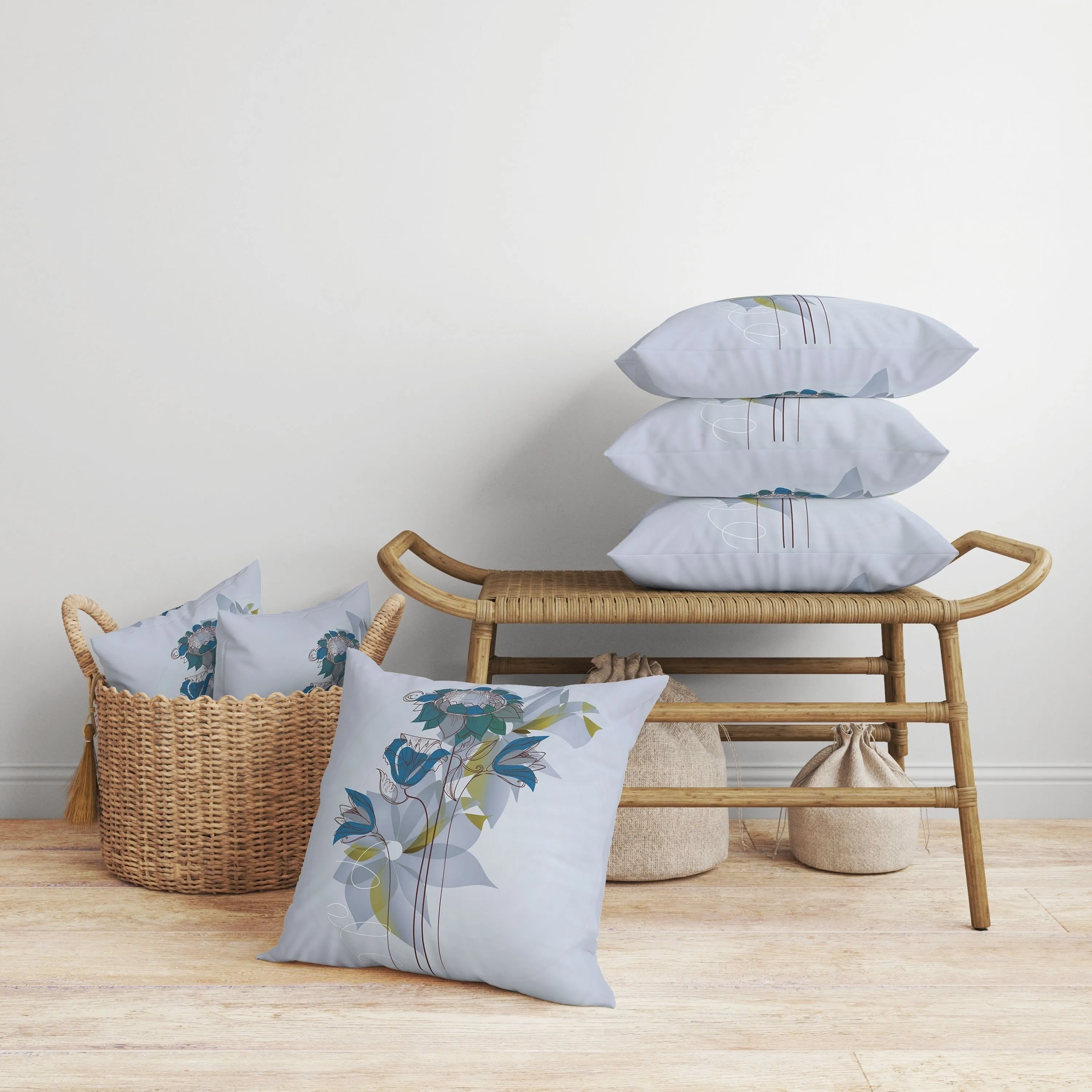 Flowers Line Art Faux Suede Reversible Throw Pillow Sky and Blue