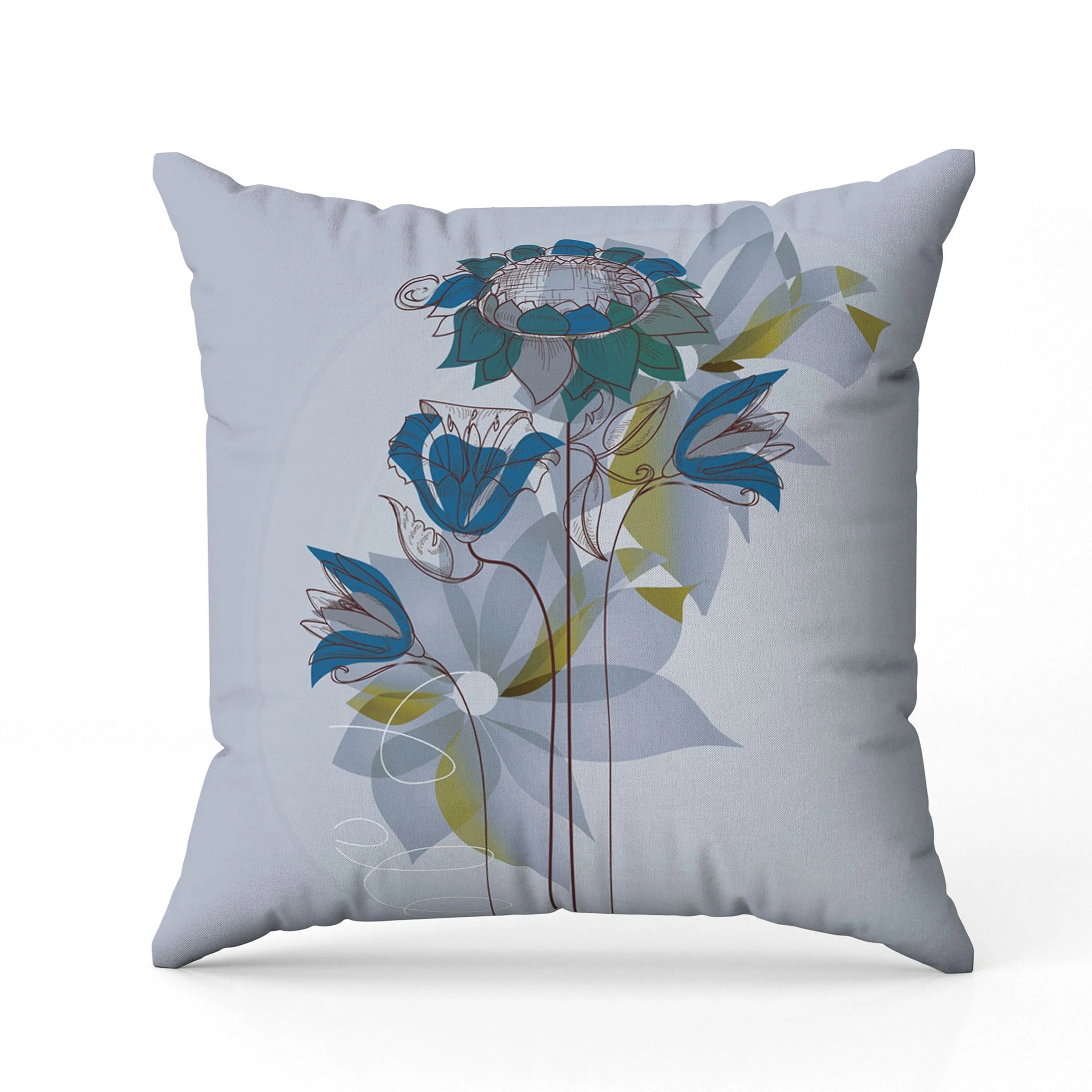 Flowers Line Art Faux Suede Reversible Throw Pillow Sky and Blue