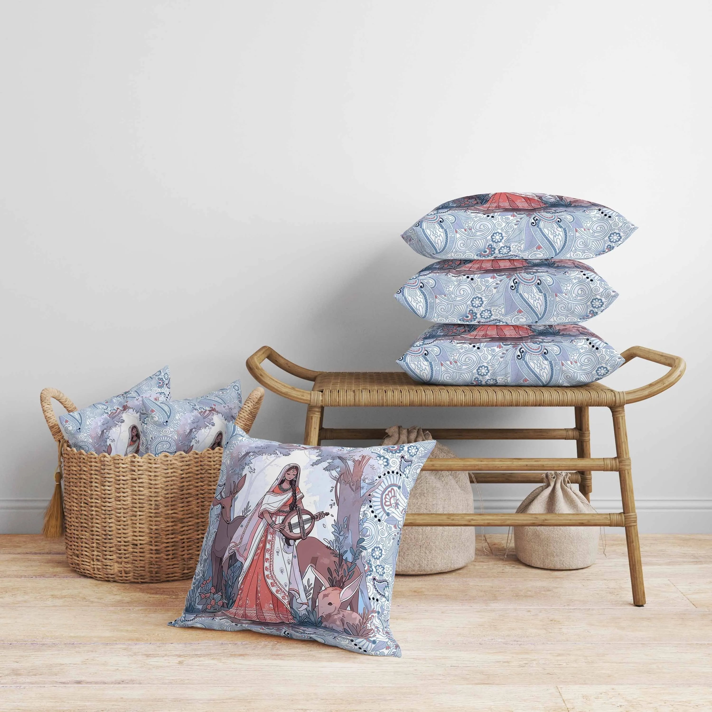 Forest Melodies Faux Suede Reversible Throw Pillow Blue and Red