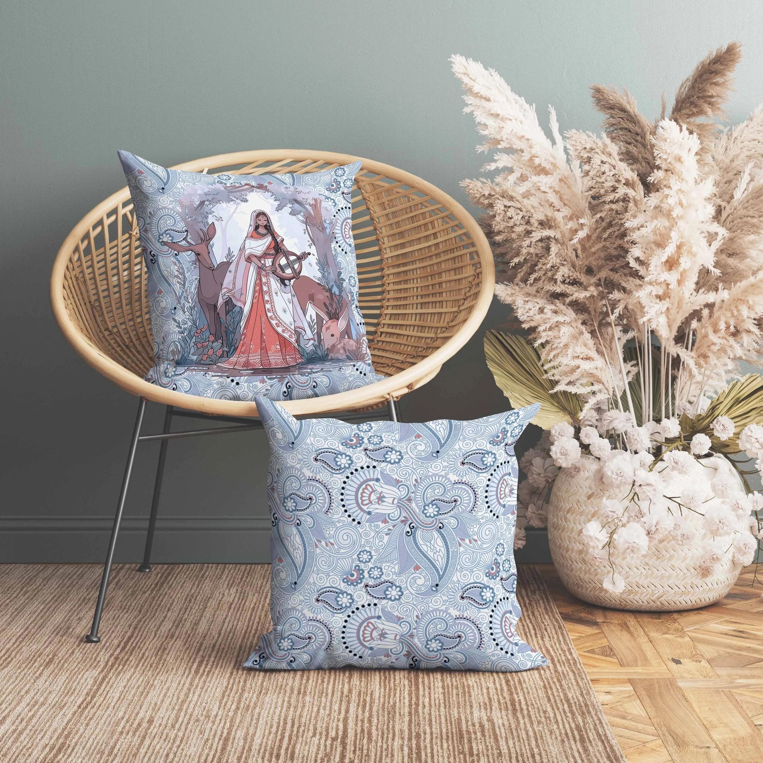 Forest Melodies Faux Suede Reversible Throw Pillow Blue and Red