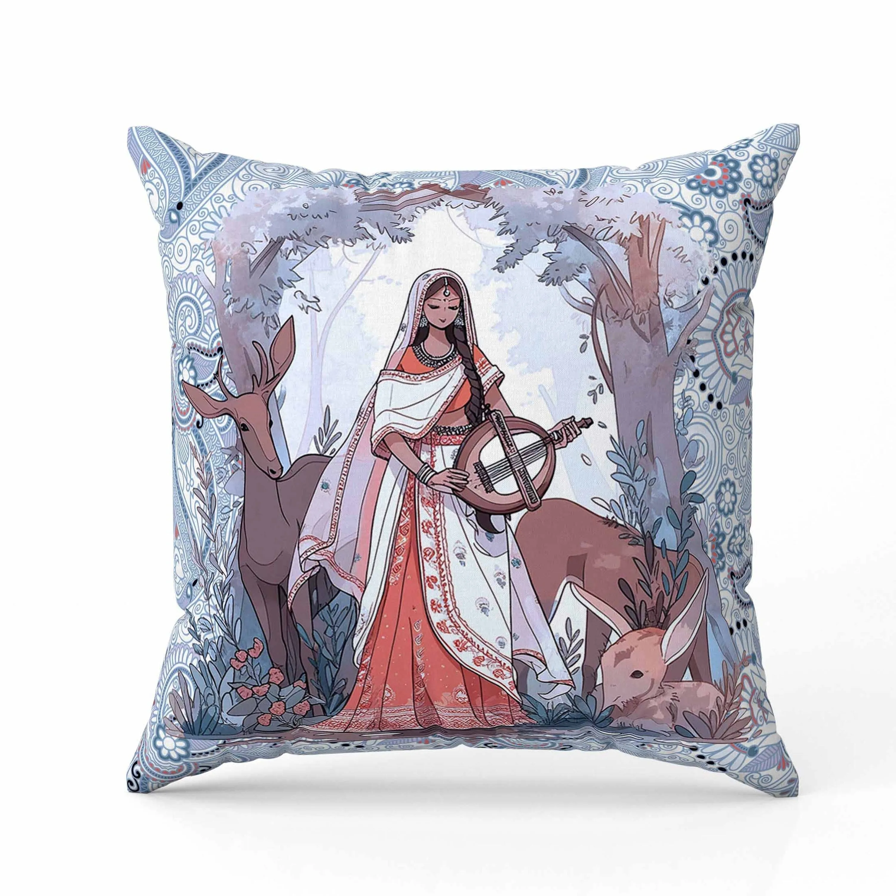 Forest Melodies Faux Suede Reversible Throw Pillow Blue and Red