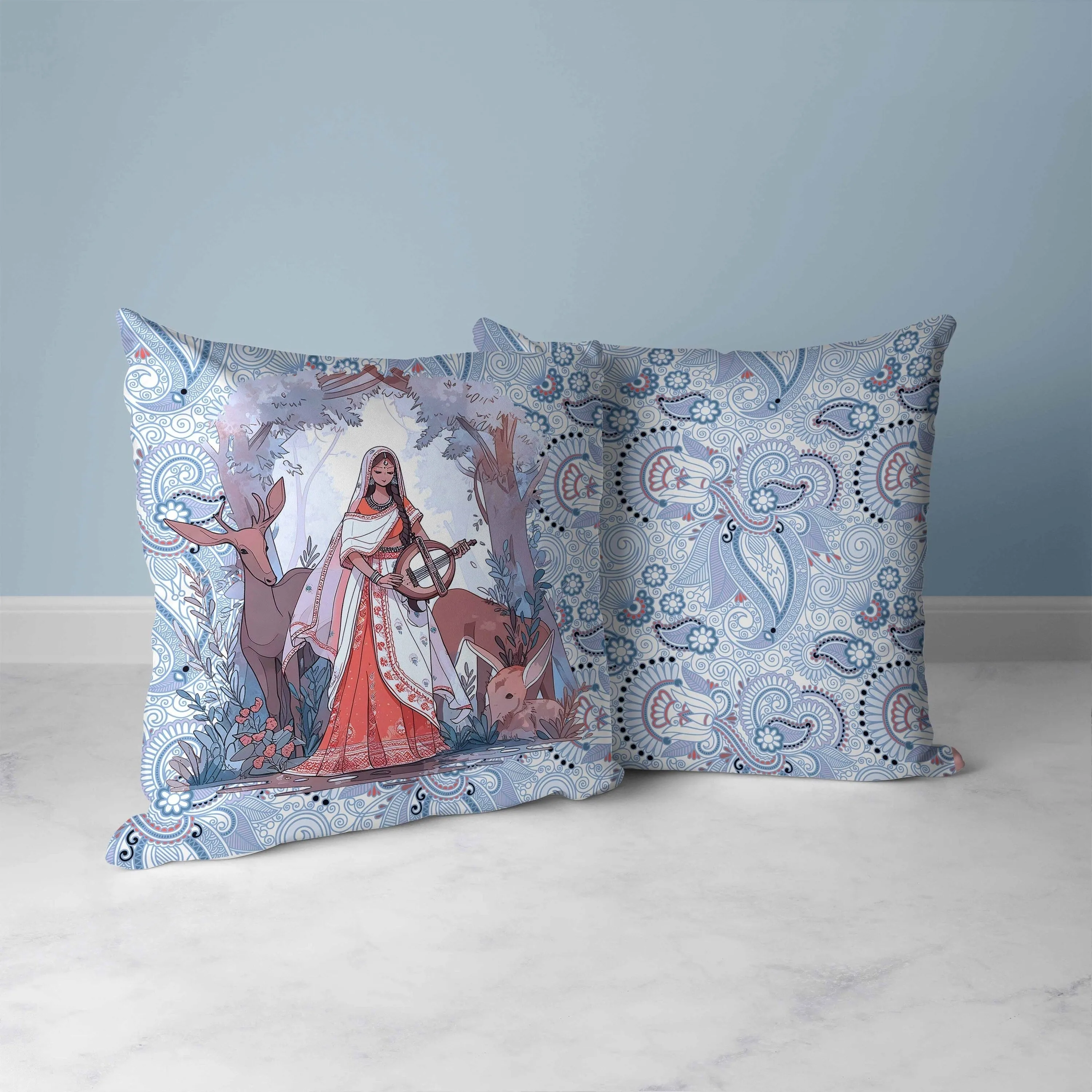 Forest Melodies Faux Suede Reversible Throw Pillow Blue and Red