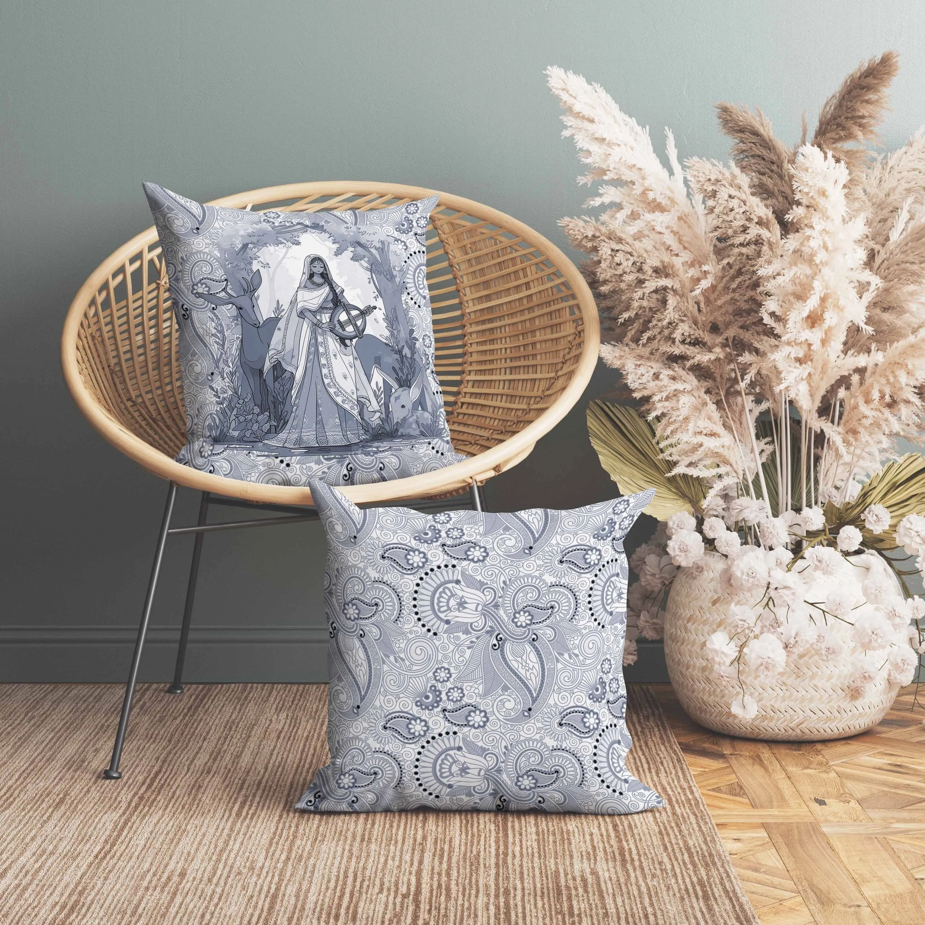 Forest Melodies Faux Suede Reversible Throw Pillow White and Grey