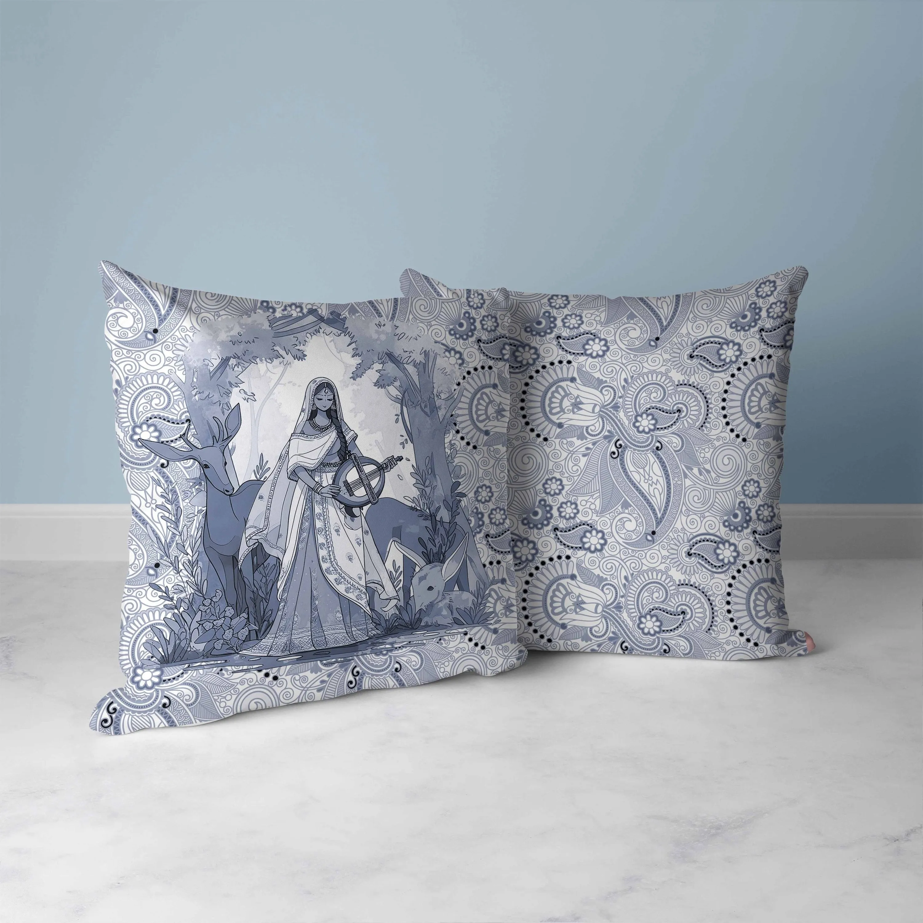 Forest Melodies Faux Suede Reversible Throw Pillow White and Grey