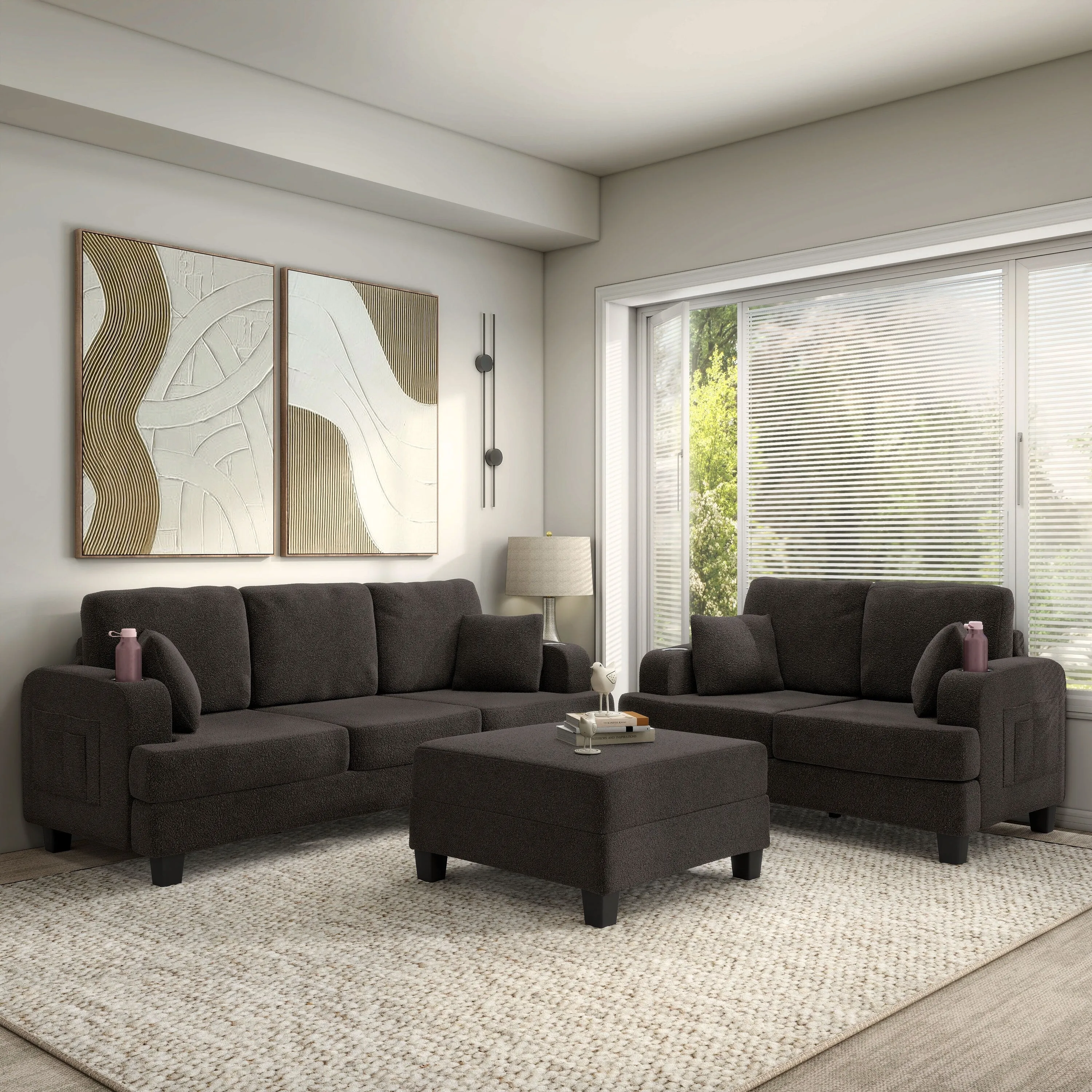 Furniture of America Xenia Modern 3-Piece Boucle Sofa and Ottoman Set