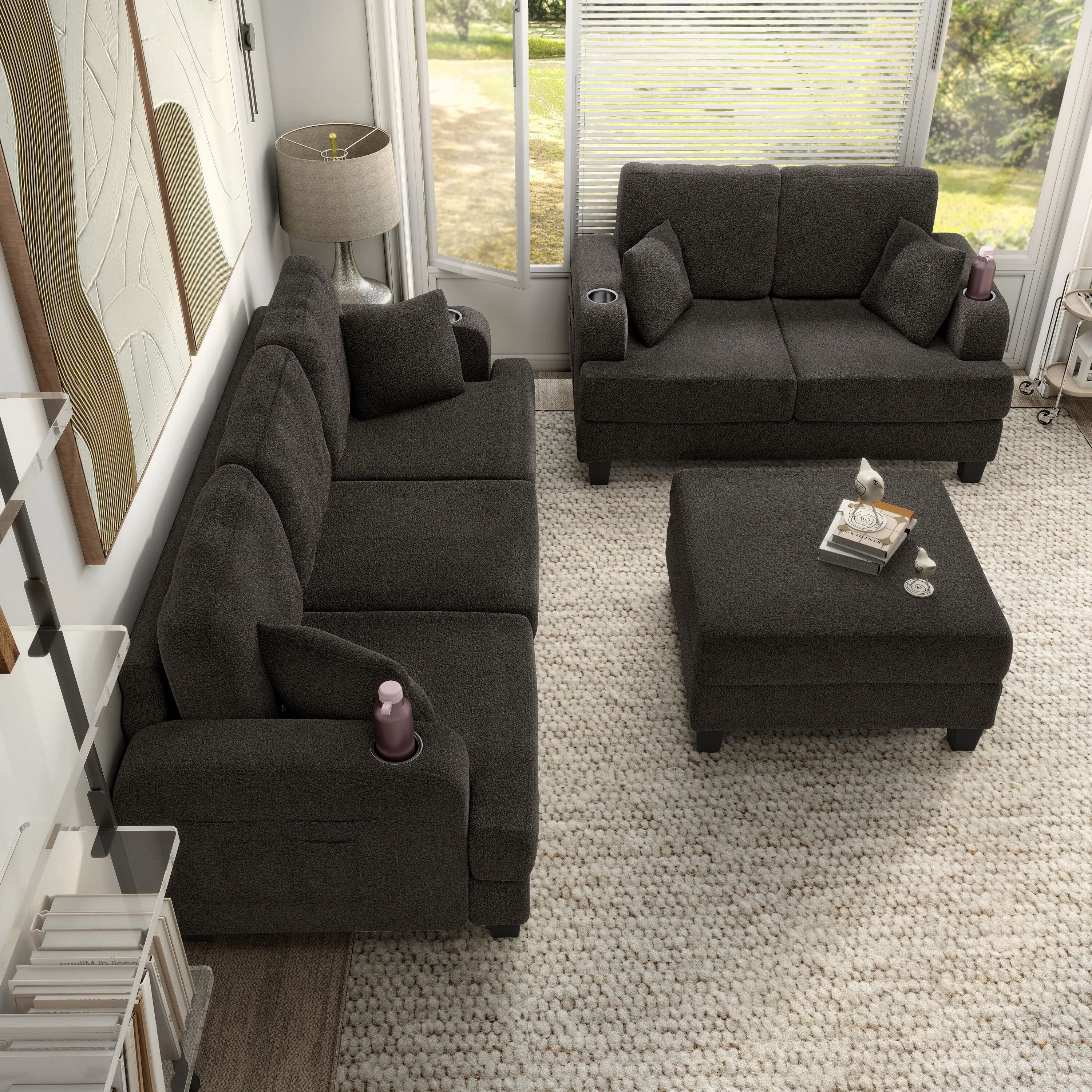 Furniture of America Xenia Modern 3-Piece Boucle Sofa and Ottoman Set