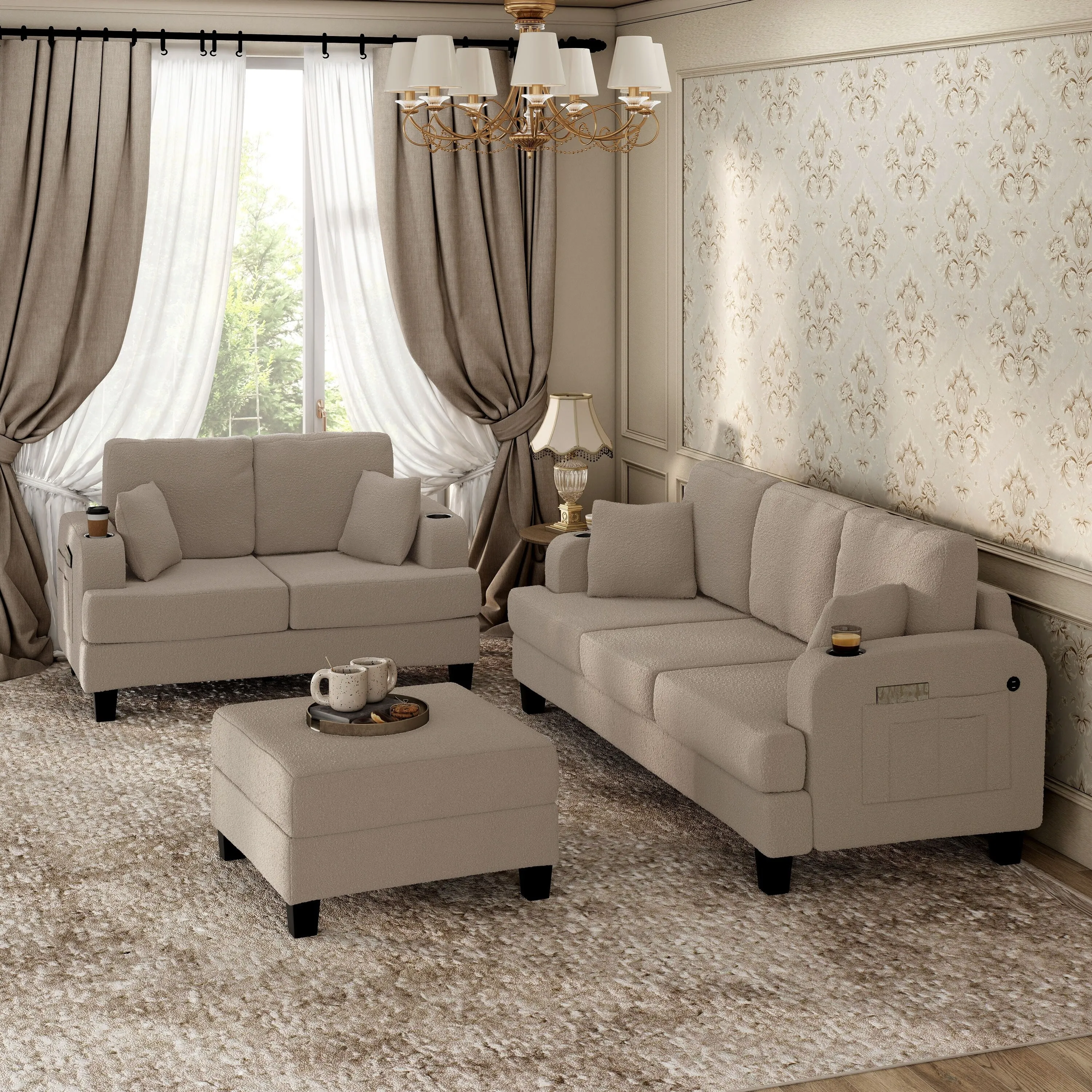 Furniture of America Xenia Modern 3-Piece Boucle Sofa and Ottoman Set