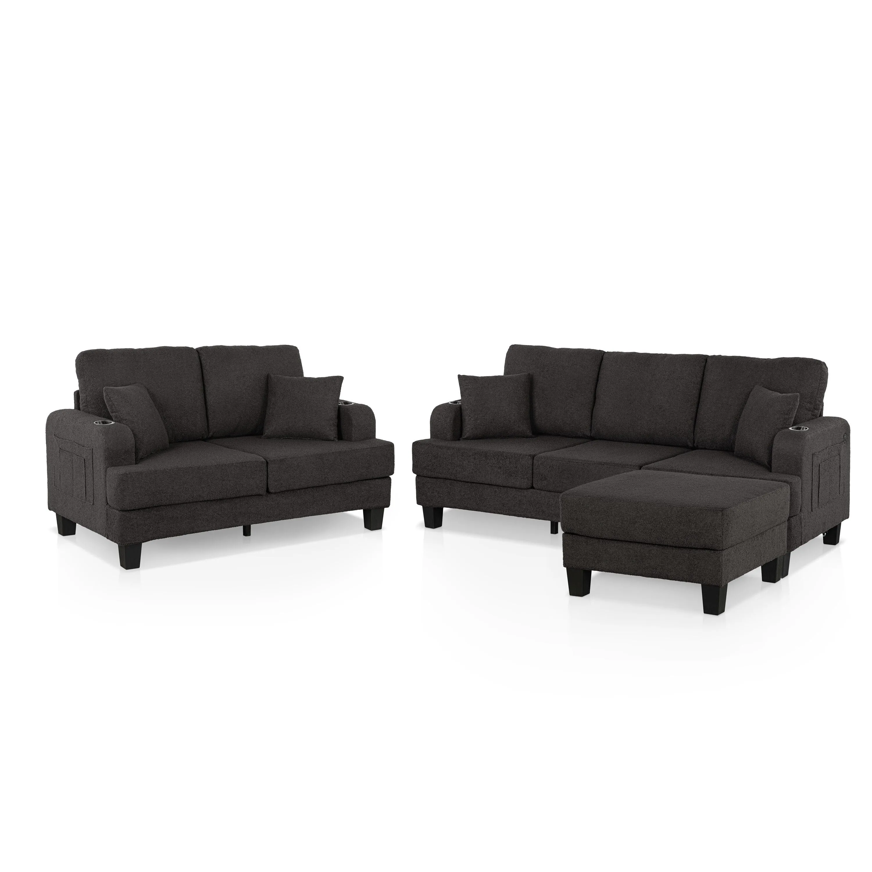 Furniture of America Xenia Modern 3-Piece Boucle Sofa and Ottoman Set
