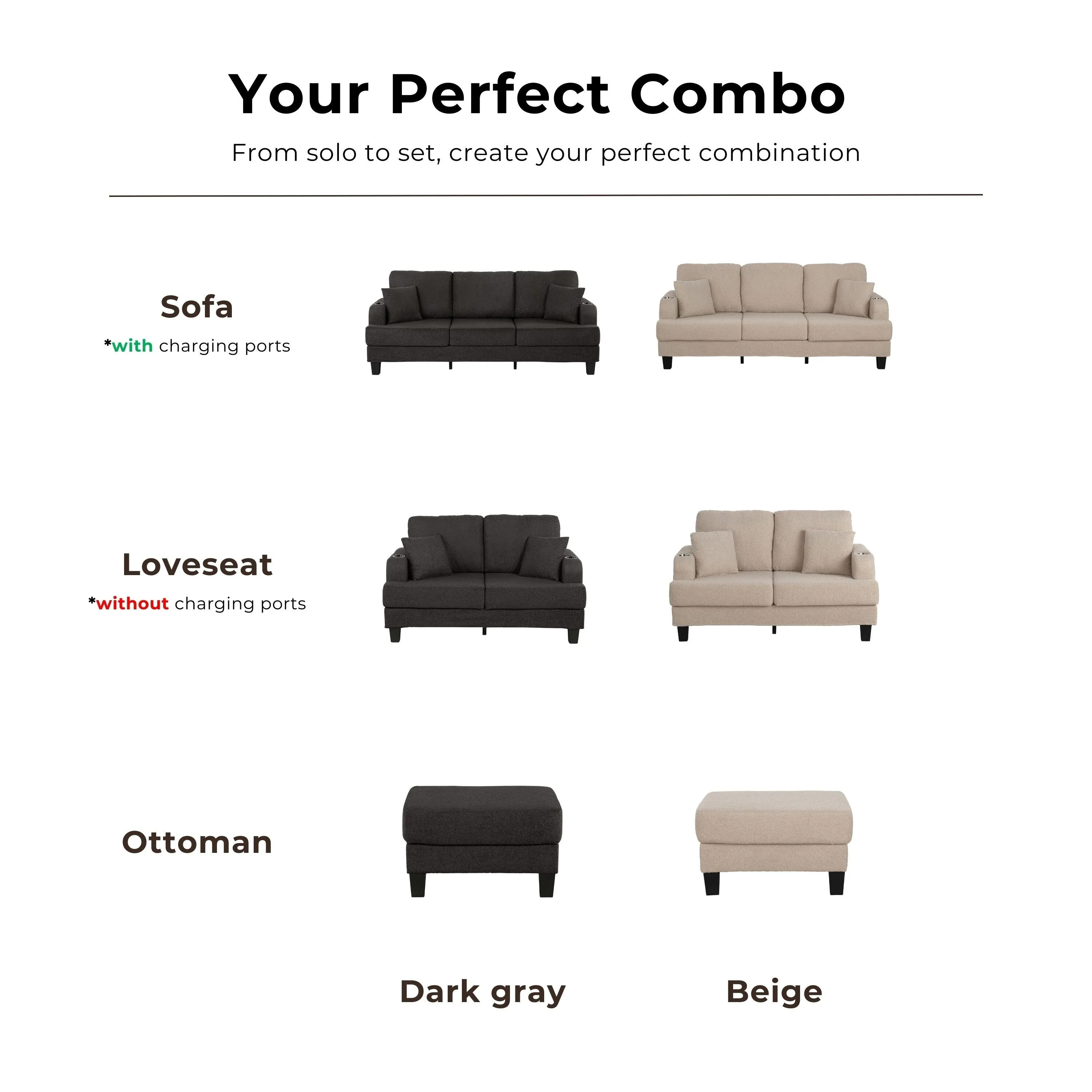 Furniture of America Xenia Modern 3-Piece Boucle Sofa and Ottoman Set