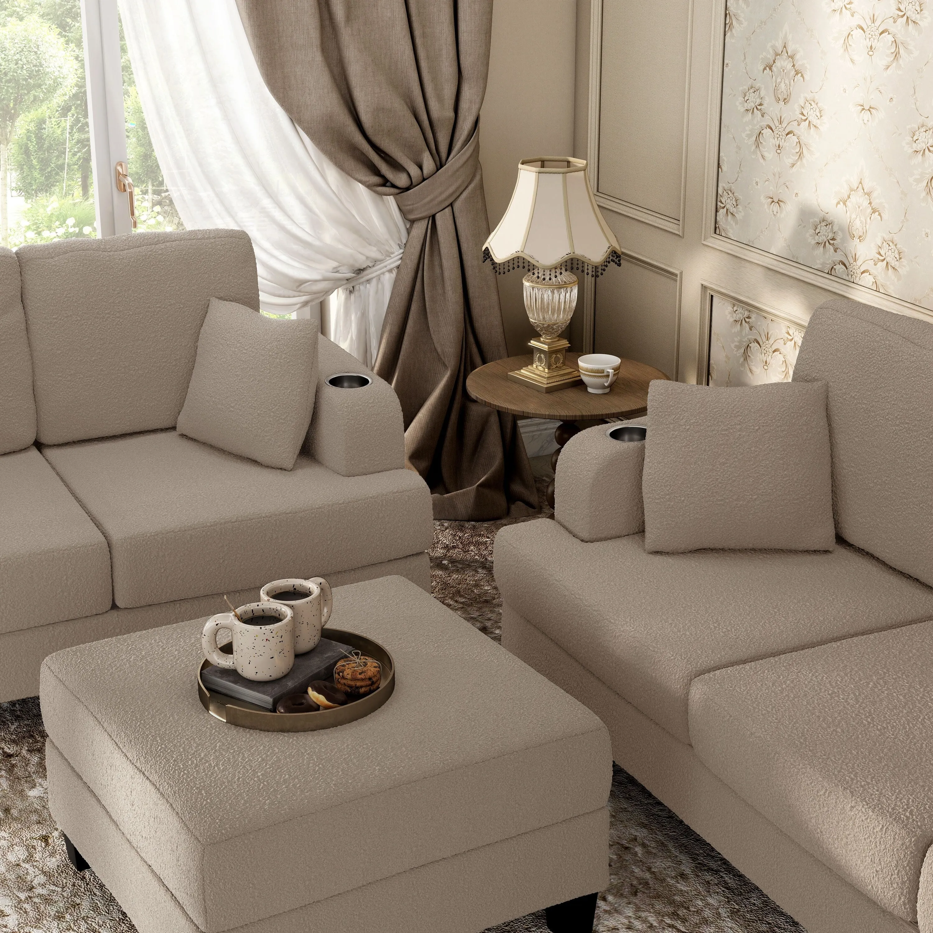 Furniture of America Xenia Modern 3-Piece Boucle Sofa and Ottoman Set
