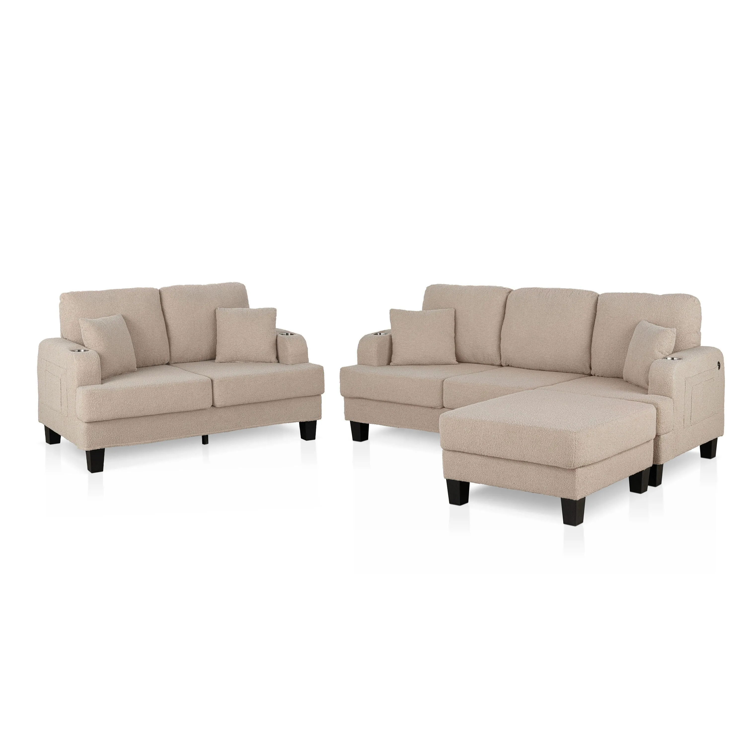 Furniture of America Xenia Modern 3-Piece Boucle Sofa and Ottoman Set