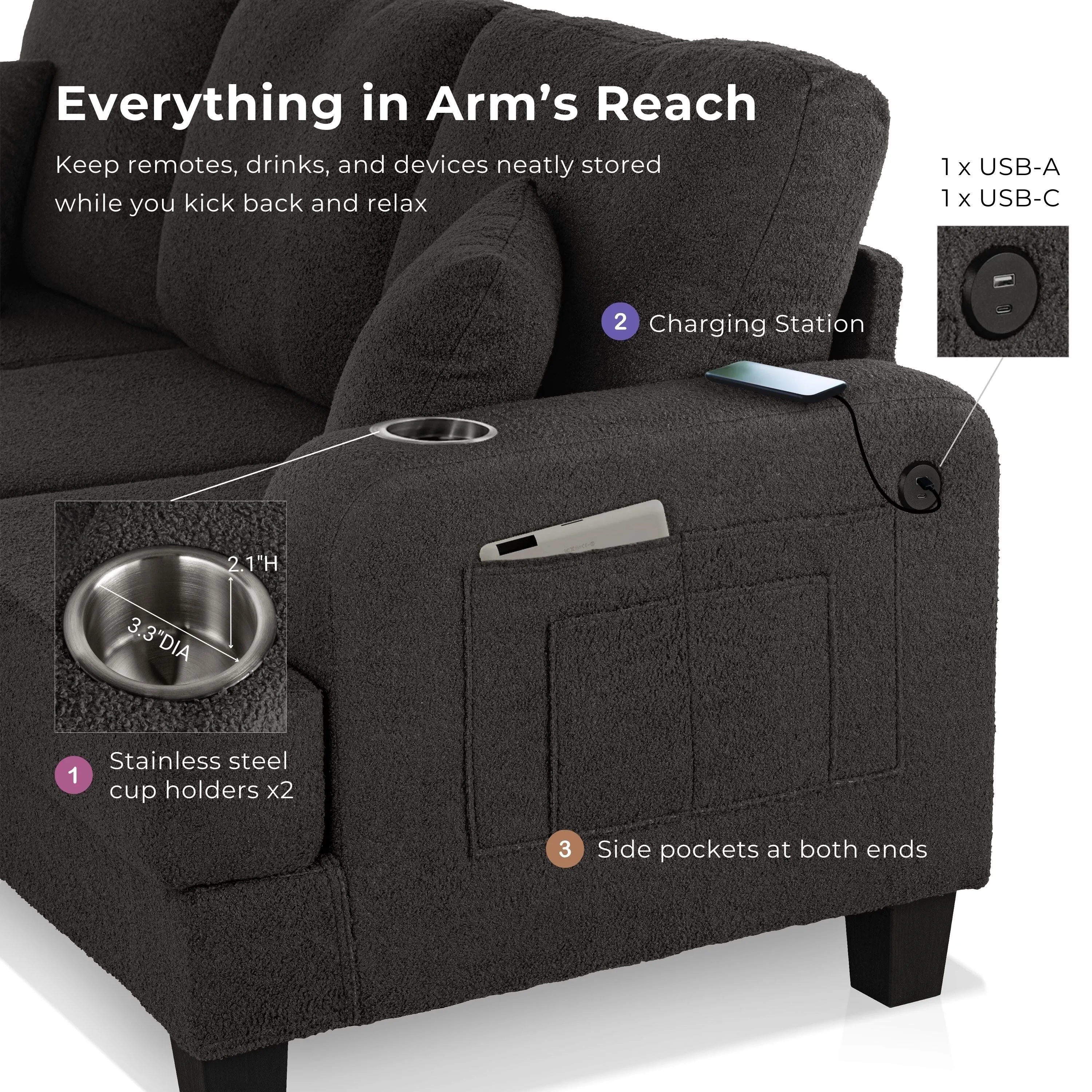 Furniture of America Xenia Modern 3-Piece Boucle Sofa and Ottoman Set