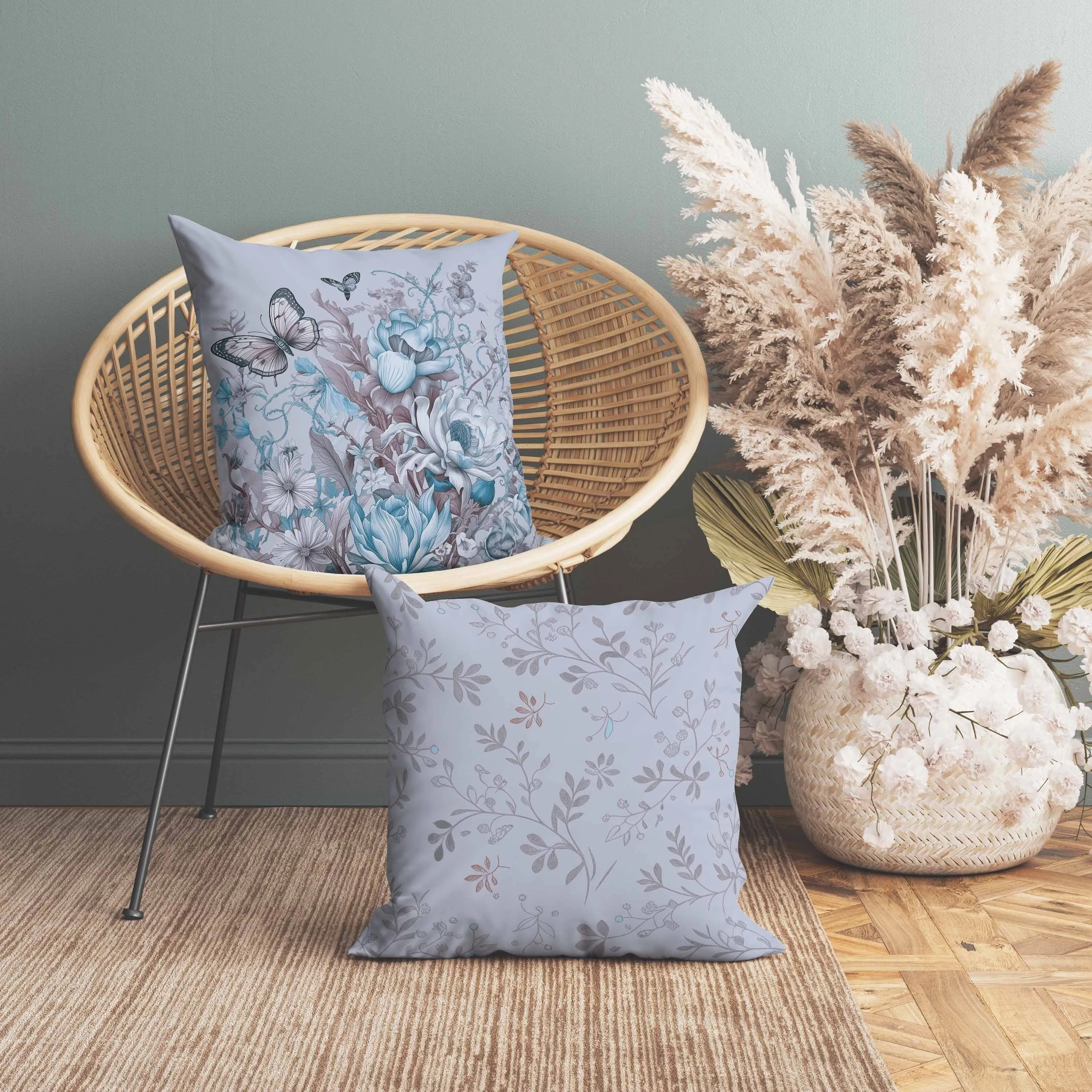 Garden Delights Faux Suede Reversible Throw Pillow Light and Blue