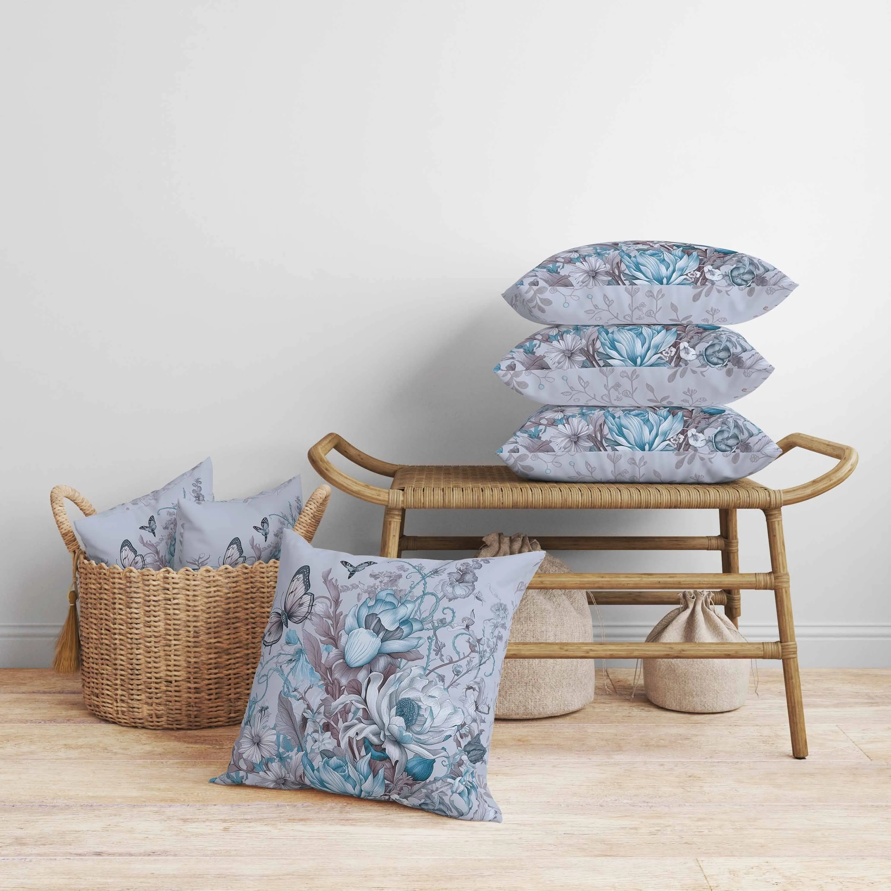 Garden Delights Faux Suede Reversible Throw Pillow Light and Blue