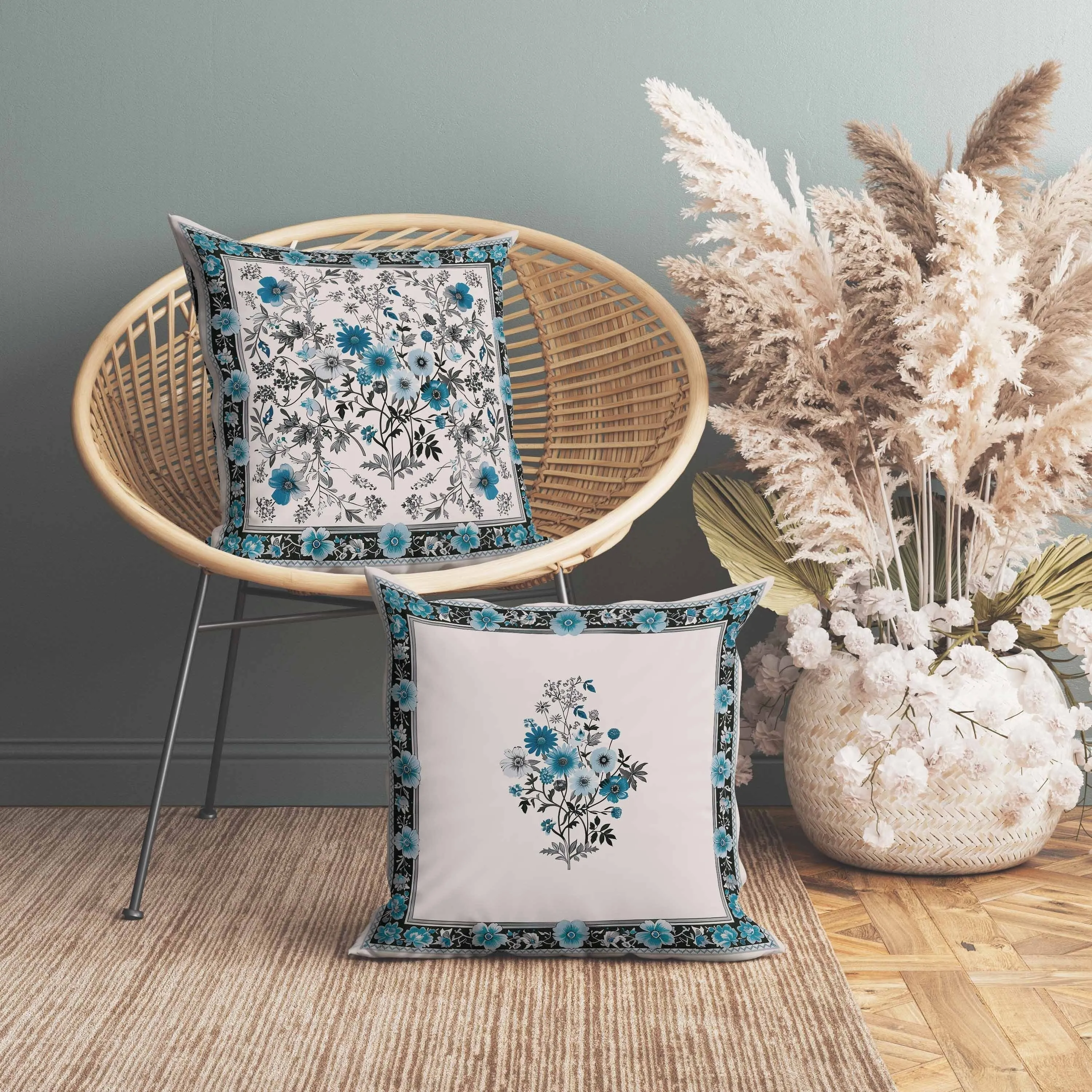 Garden Glory Faux Suede Reversible Throw Pillow Cyan and Black