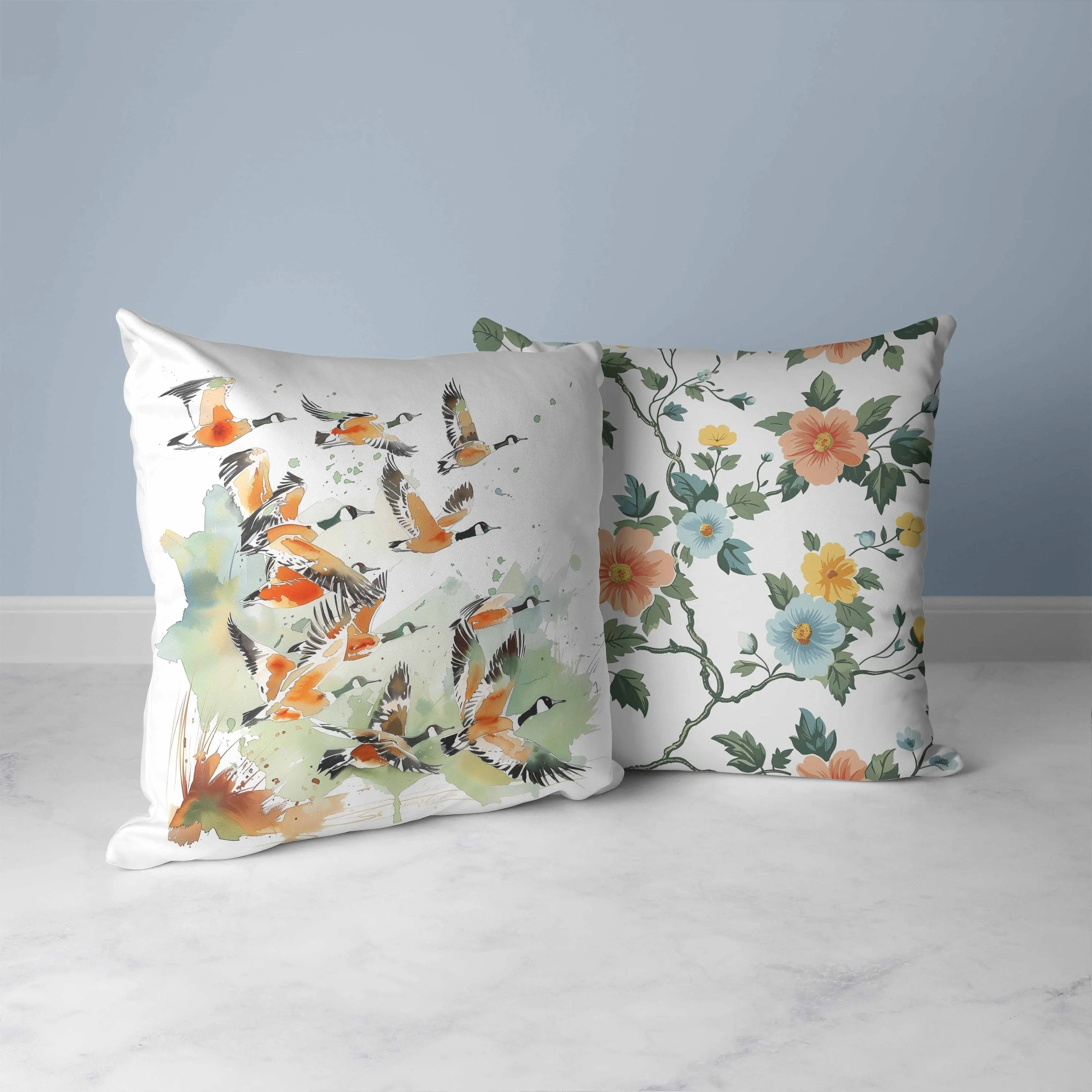 Geese in Flight Faux Suede Reversible Throw Pillow Green and Orange