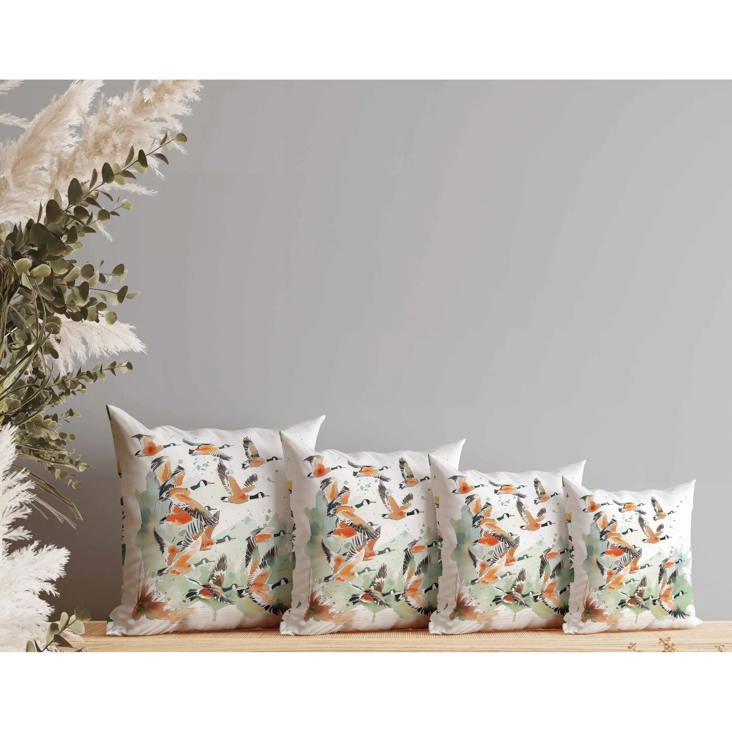 Geese in Flight Faux Suede Reversible Throw Pillow Green and Orange