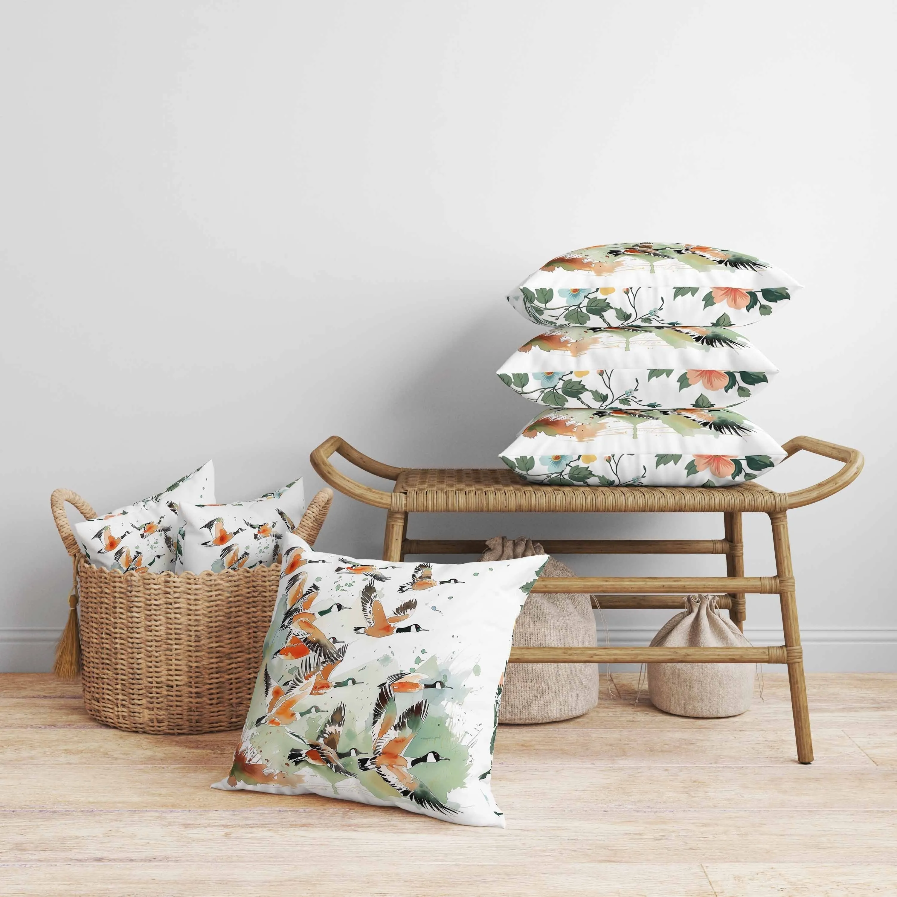 Geese in Flight Faux Suede Reversible Throw Pillow Green and Orange