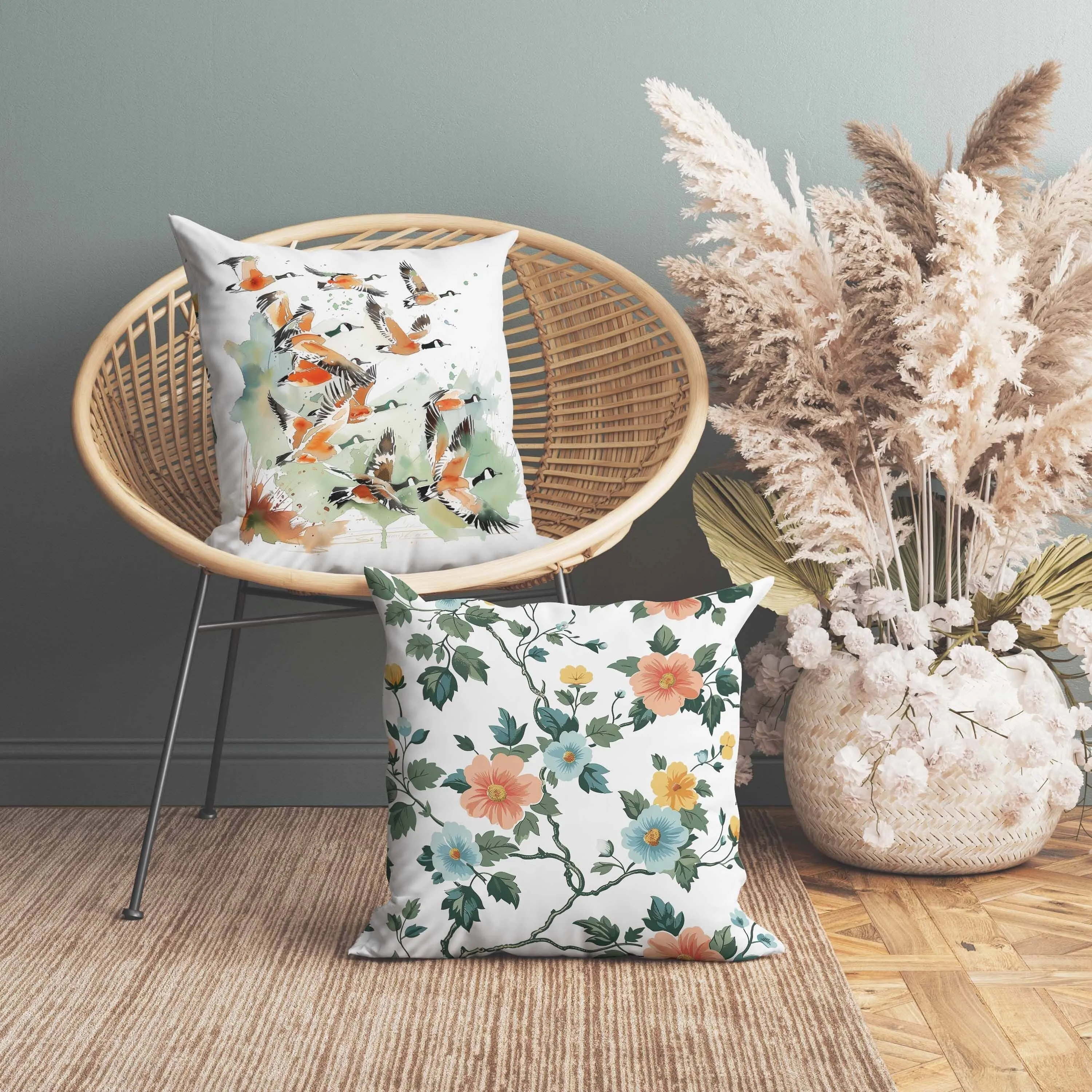 Geese in Flight Faux Suede Reversible Throw Pillow Green and Orange