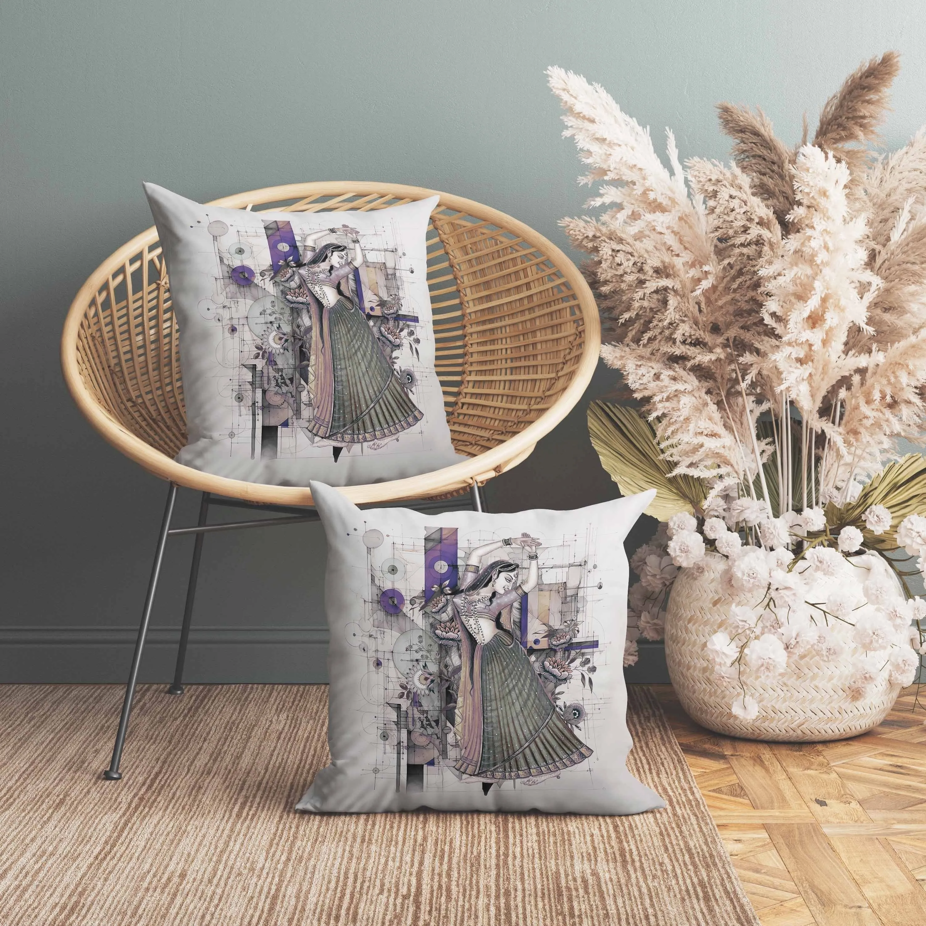 Gracefully Dancing Woman Faux Suede Reversible Throw Pillow Gray and Green