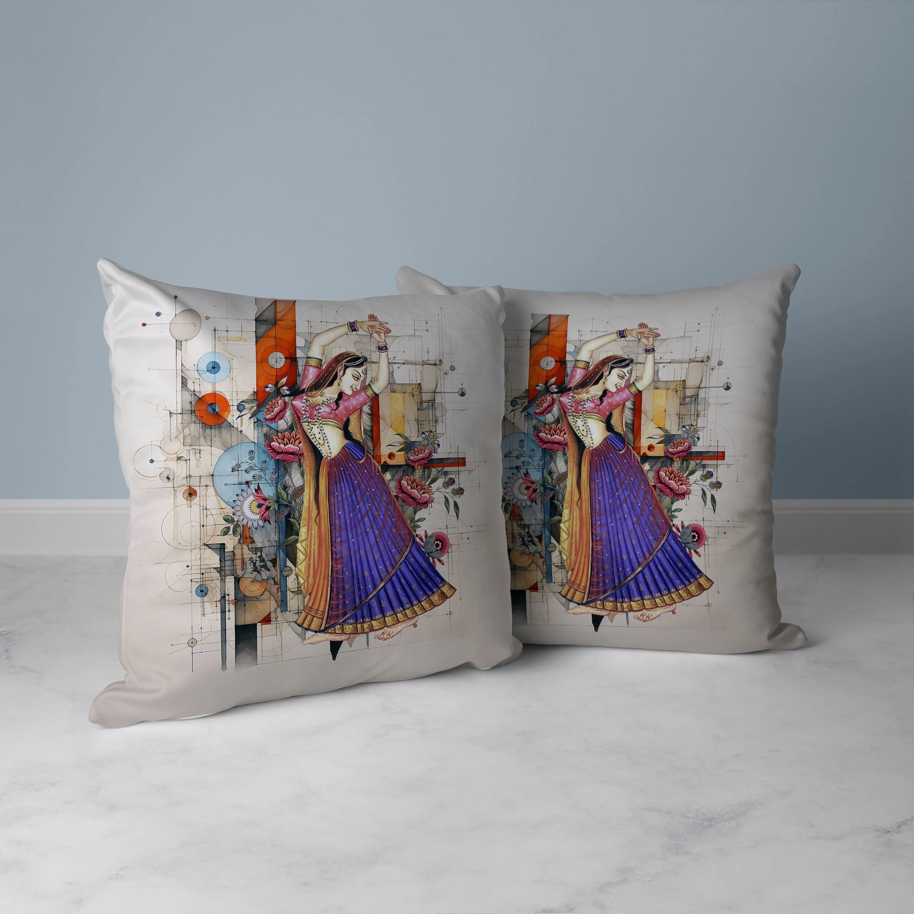 Gracefully Dancing Woman Faux Suede Reversible Throw Pillow Orange and Blue