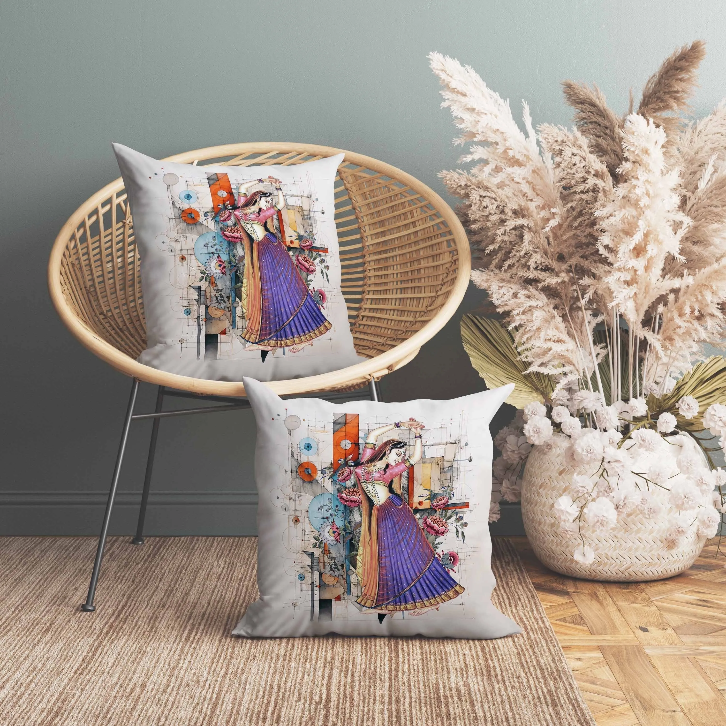Gracefully Dancing Woman Faux Suede Reversible Throw Pillow Orange and Blue
