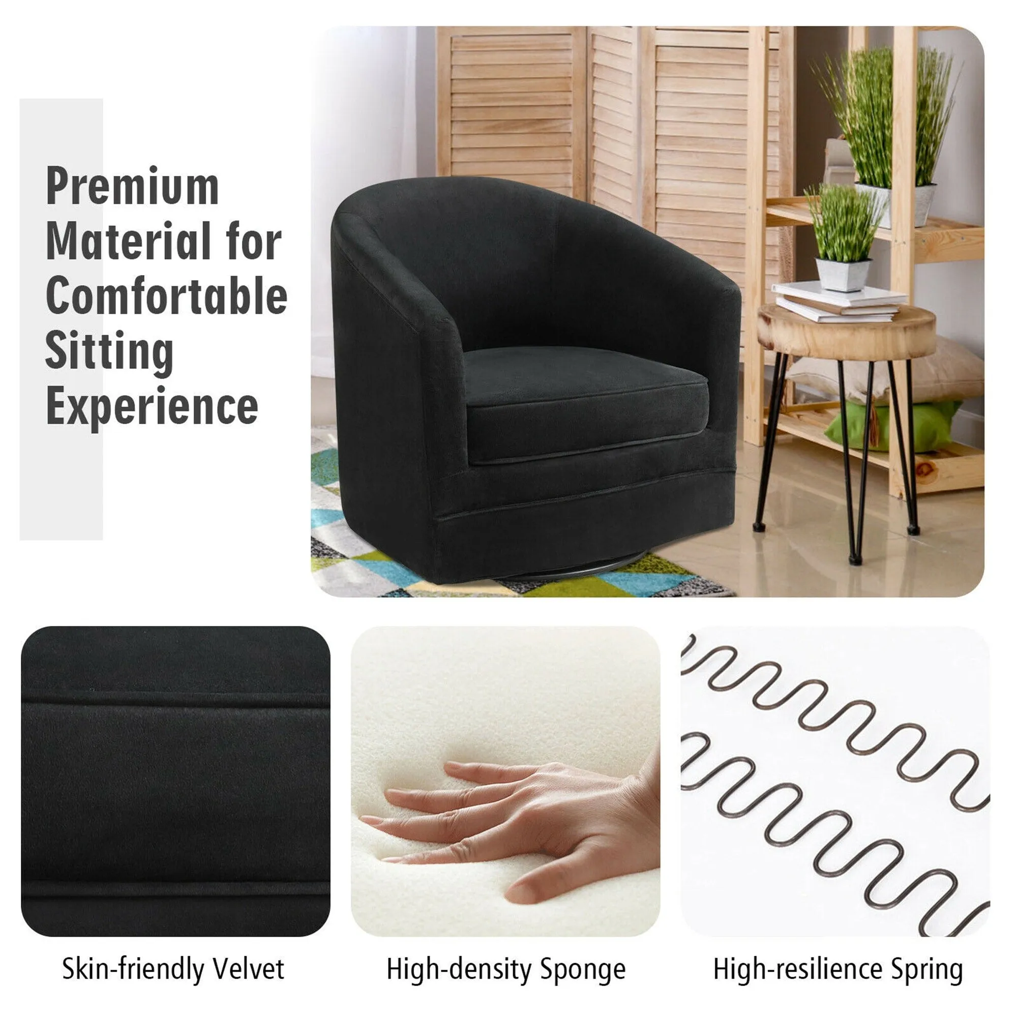 Gymax Modern Swivel Barrel Chair Upholstered Velvet Armchair with - See details
