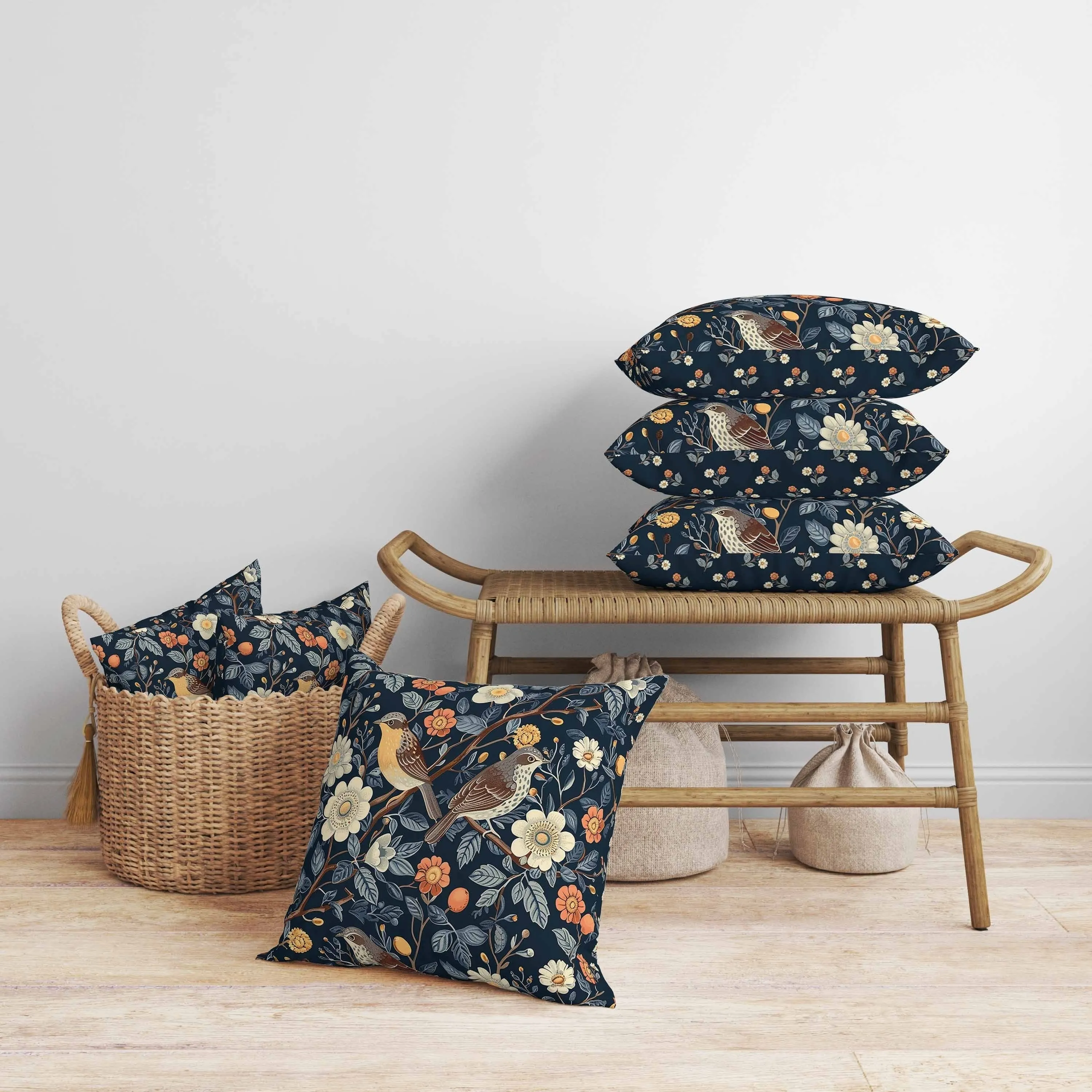 Hidden Birds Faux Suede Reversible Throw Pillow Blue and Orange